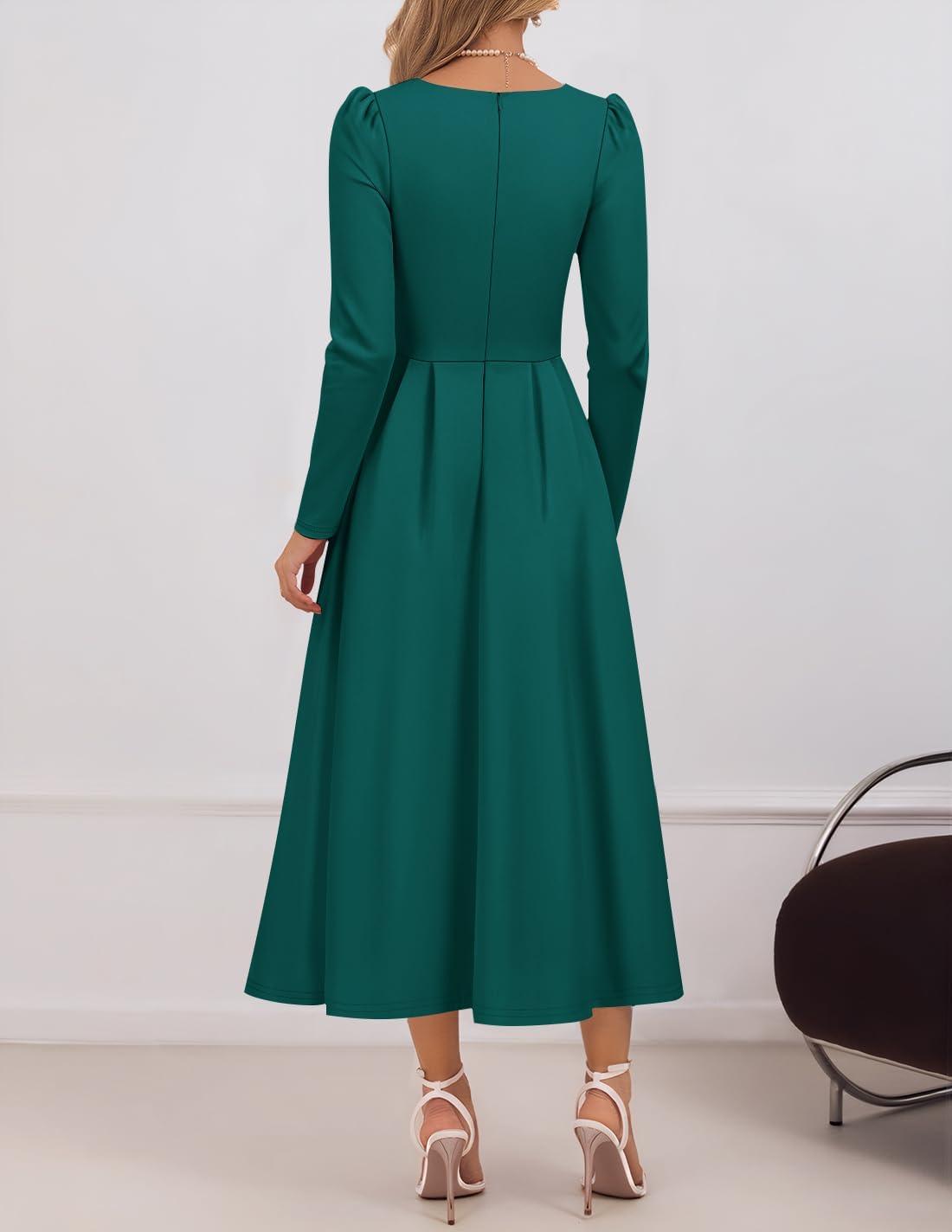 imageZESICA Womens Long Sleeve Midi Dresses 2026 Spring Elegant Crewneck Swing A Line Wedding Guest Party Dress with PocketsGreen