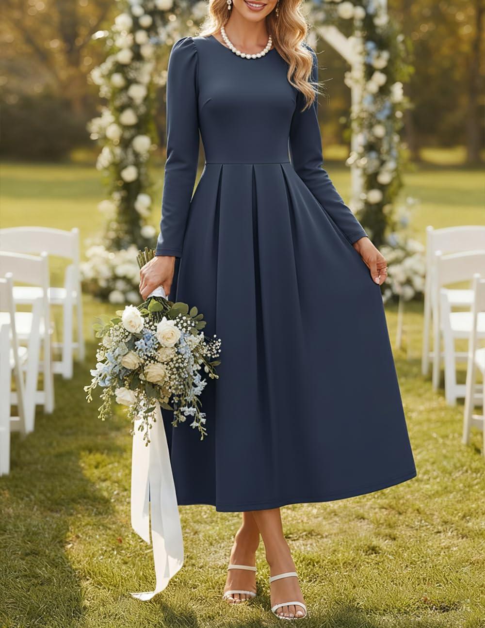 imageZESICA Womens Long Sleeve Midi Dresses 2026 Spring Elegant Crewneck Swing A Line Wedding Guest Party Dress with PocketsNavy