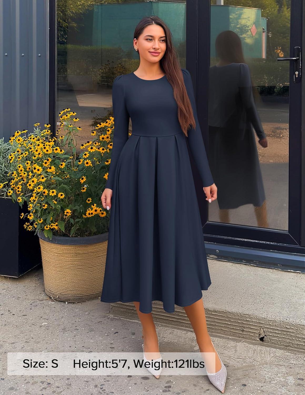 imageZESICA Womens Long Sleeve Midi Dresses 2026 Spring Elegant Crewneck Swing A Line Wedding Guest Party Dress with PocketsNavy
