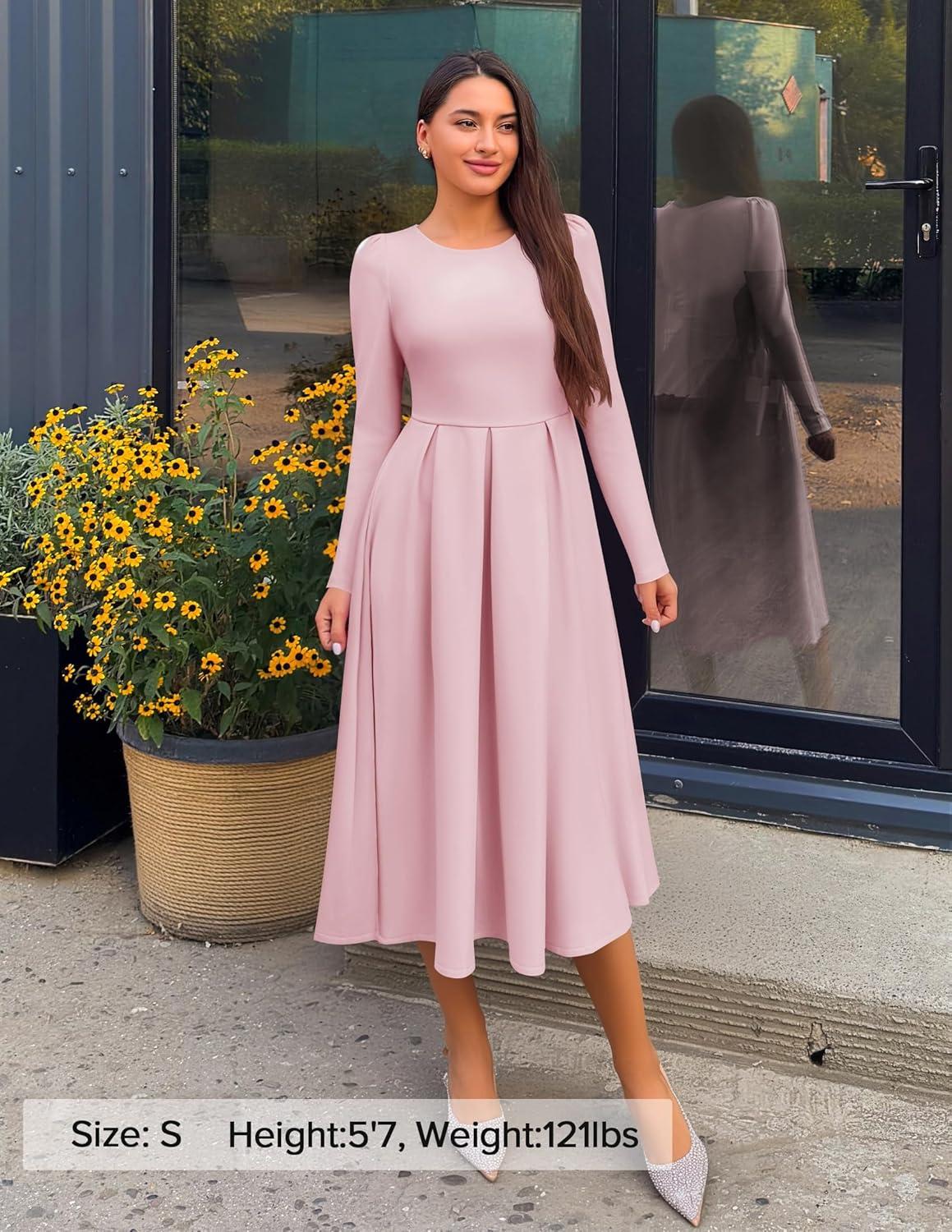 imageZESICA Womens Long Sleeve Midi Dresses 2026 Spring Elegant Crewneck Swing A Line Wedding Guest Party Dress with PocketsPink