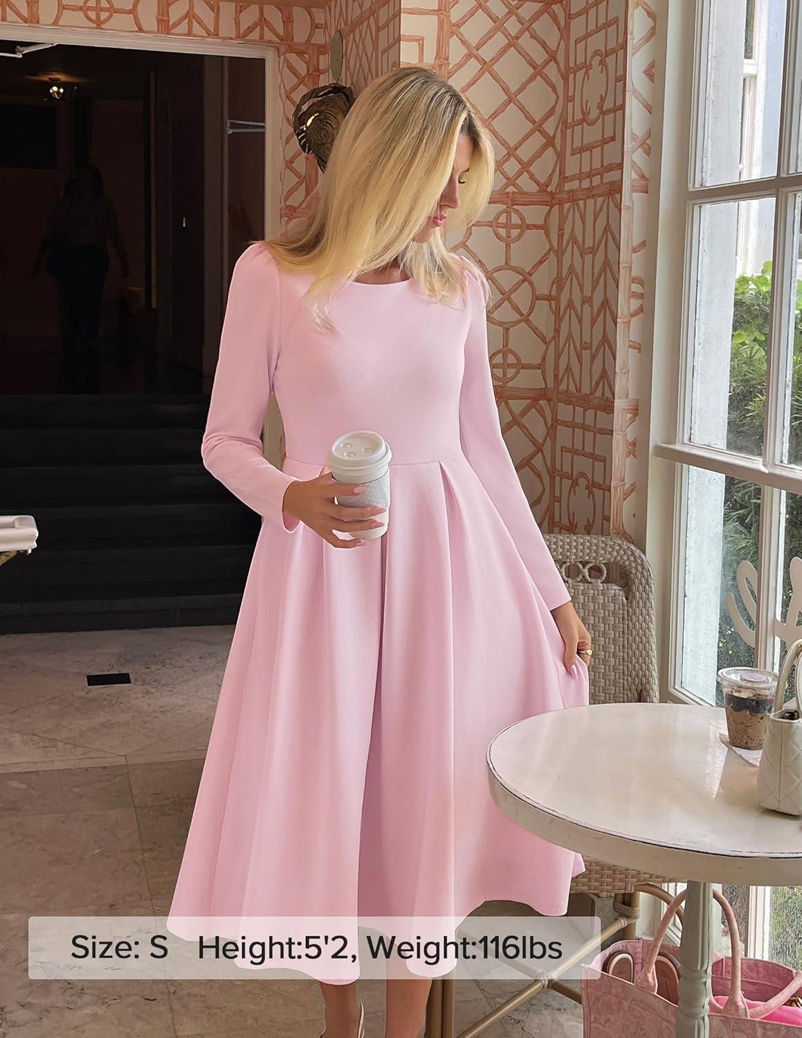 imageZESICA Womens Long Sleeve Midi Dresses 2026 Spring Elegant Crewneck Swing A Line Wedding Guest Party Dress with PocketsPink