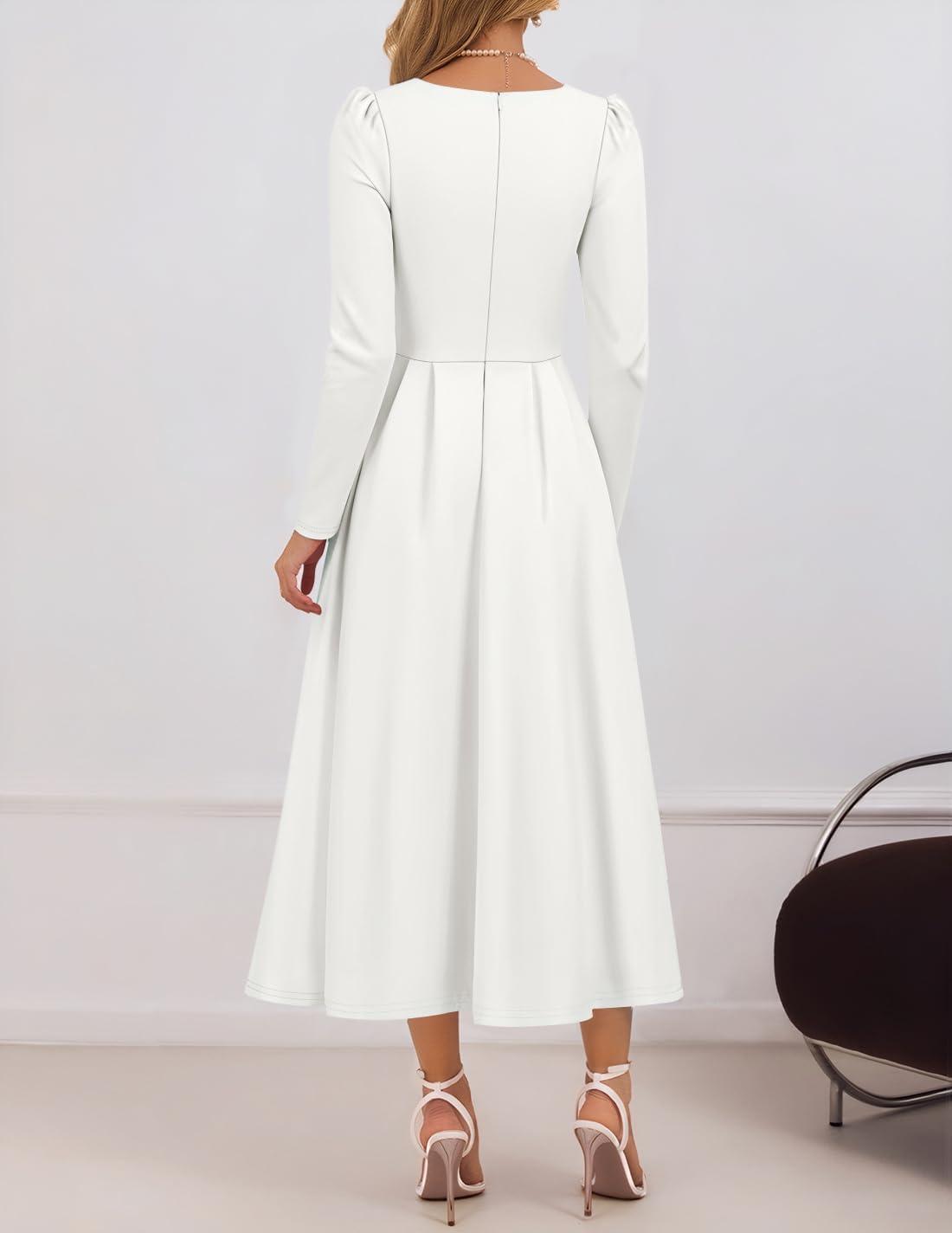 imageZESICA Womens Long Sleeve Midi Dresses 2026 Spring Elegant Crewneck Swing A Line Wedding Guest Party Dress with PocketsWhite