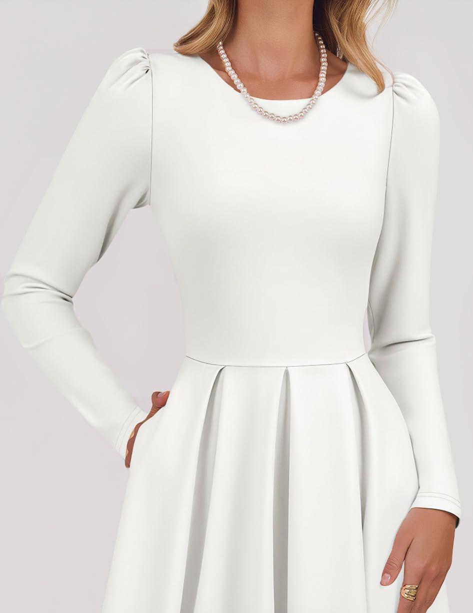 imageZESICA Womens Long Sleeve Midi Dresses 2026 Spring Elegant Crewneck Swing A Line Wedding Guest Party Dress with PocketsWhite