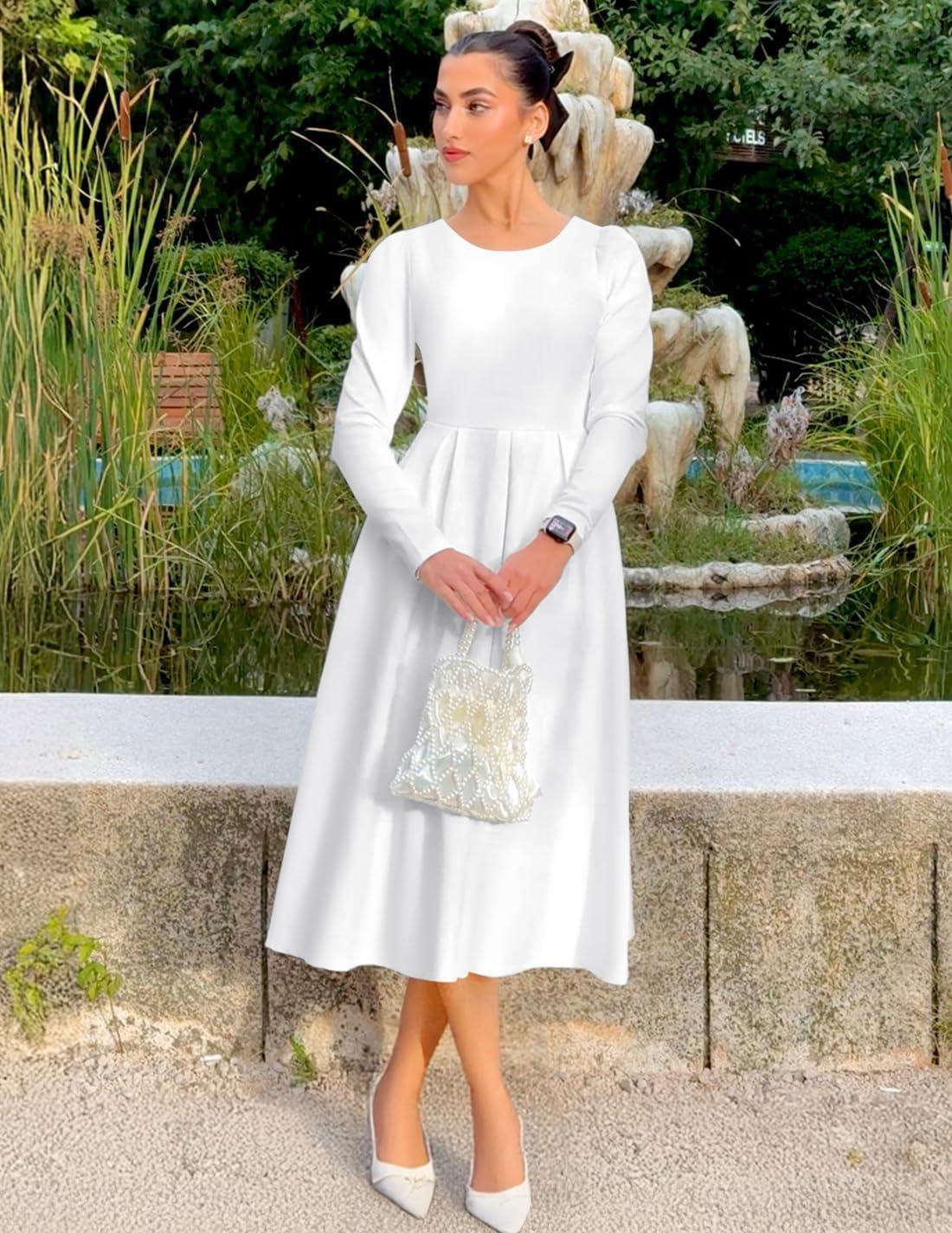 imageZESICA Womens Long Sleeve Midi Dresses 2026 Spring Elegant Crewneck Swing A Line Wedding Guest Party Dress with PocketsWhite