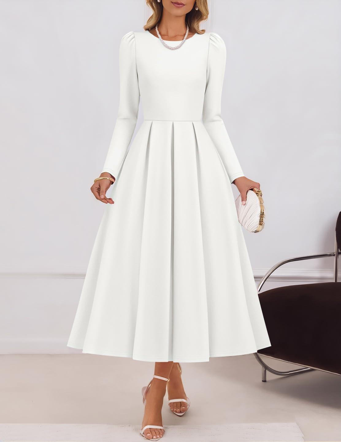 imageZESICA Womens Long Sleeve Midi Dresses 2026 Spring Elegant Crewneck Swing A Line Wedding Guest Party Dress with PocketsWhite