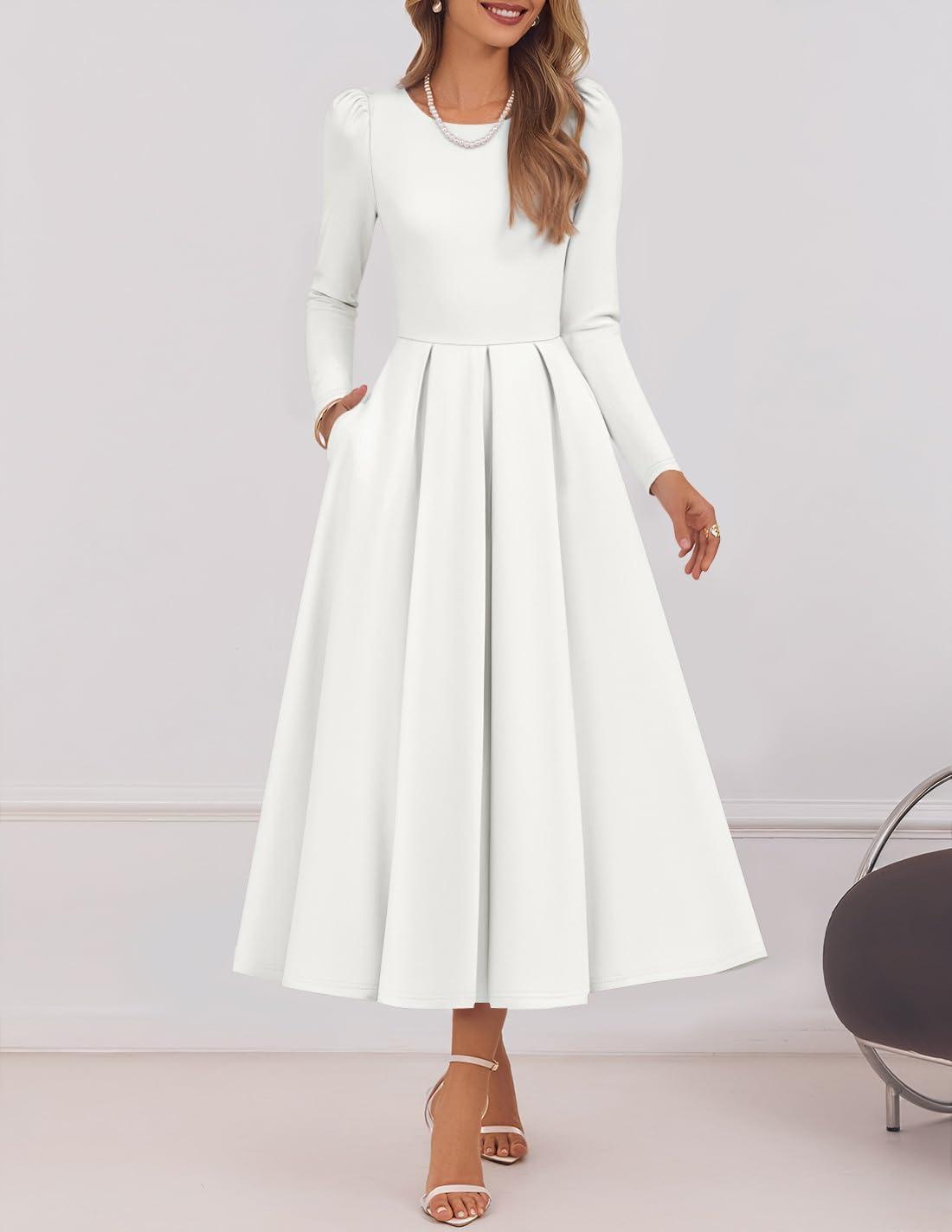imageZESICA Womens Long Sleeve Midi Dresses 2026 Spring Elegant Crewneck Swing A Line Wedding Guest Party Dress with PocketsWhite