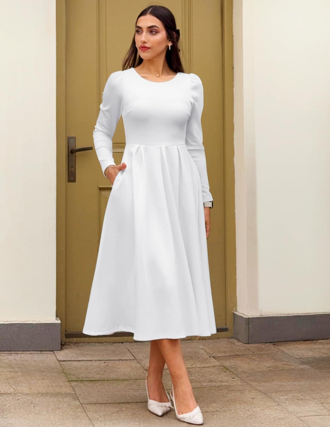 imageZESICA Womens Long Sleeve Midi Dresses 2026 Spring Elegant Crewneck Swing A Line Wedding Guest Party Dress with PocketsWhite