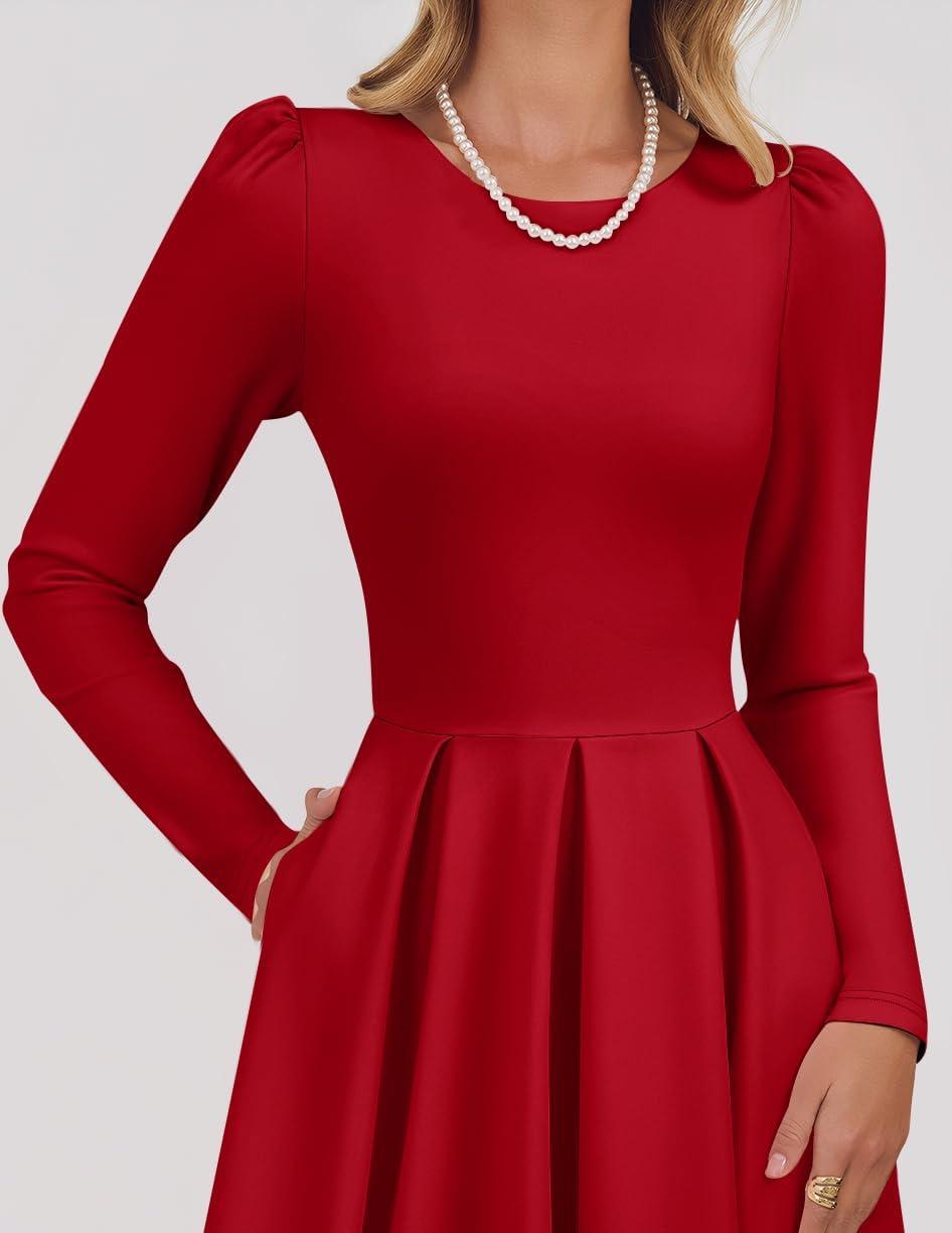imageZESICA Womens Long Sleeve Midi Dresses 2026 Spring Elegant Crewneck Swing A Line Wedding Guest Party Dress with PocketsWine