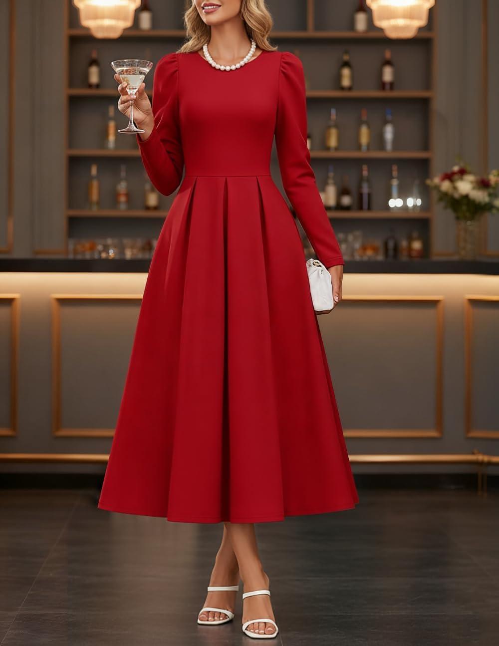 imageZESICA Womens Long Sleeve Midi Dresses 2026 Spring Elegant Crewneck Swing A Line Wedding Guest Party Dress with PocketsWine