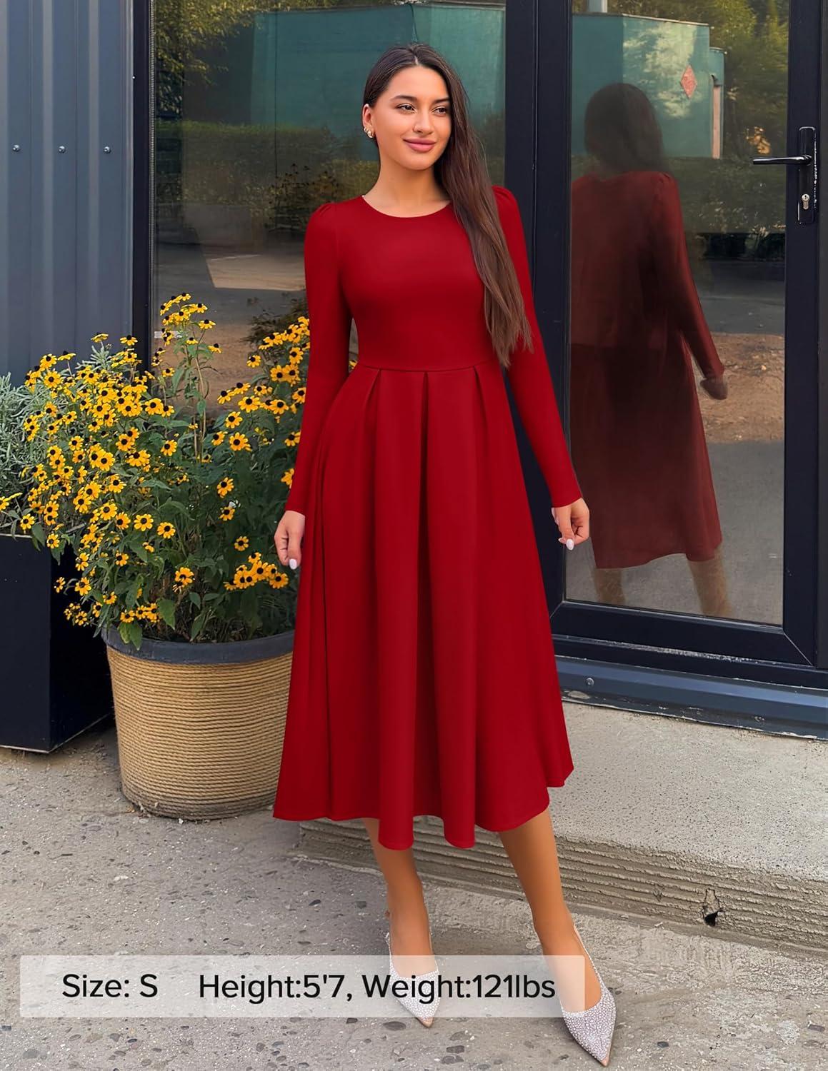 imageZESICA Womens Long Sleeve Midi Dresses 2026 Spring Elegant Crewneck Swing A Line Wedding Guest Party Dress with PocketsWine