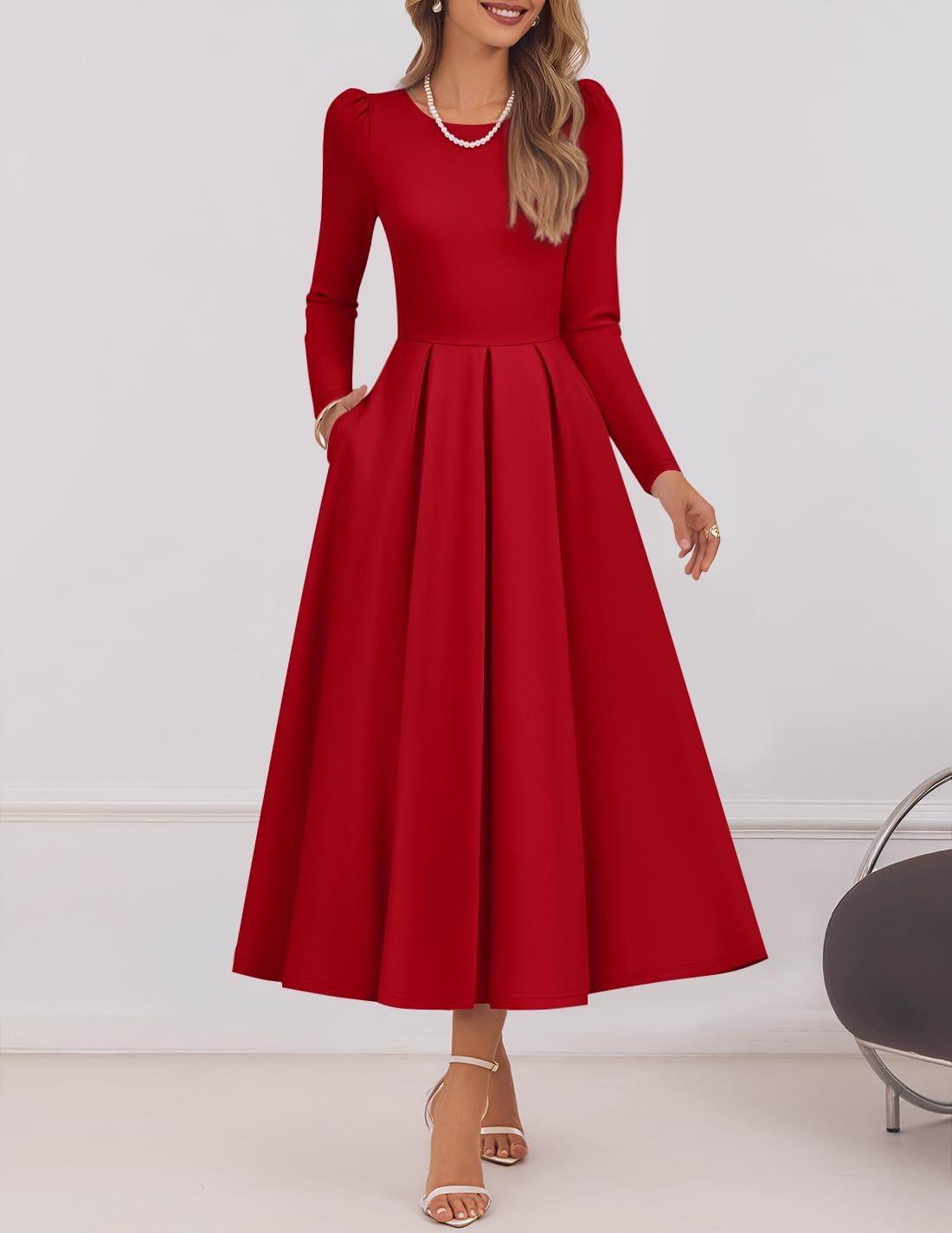 imageZESICA Womens Long Sleeve Midi Dresses 2026 Spring Elegant Crewneck Swing A Line Wedding Guest Party Dress with PocketsWine