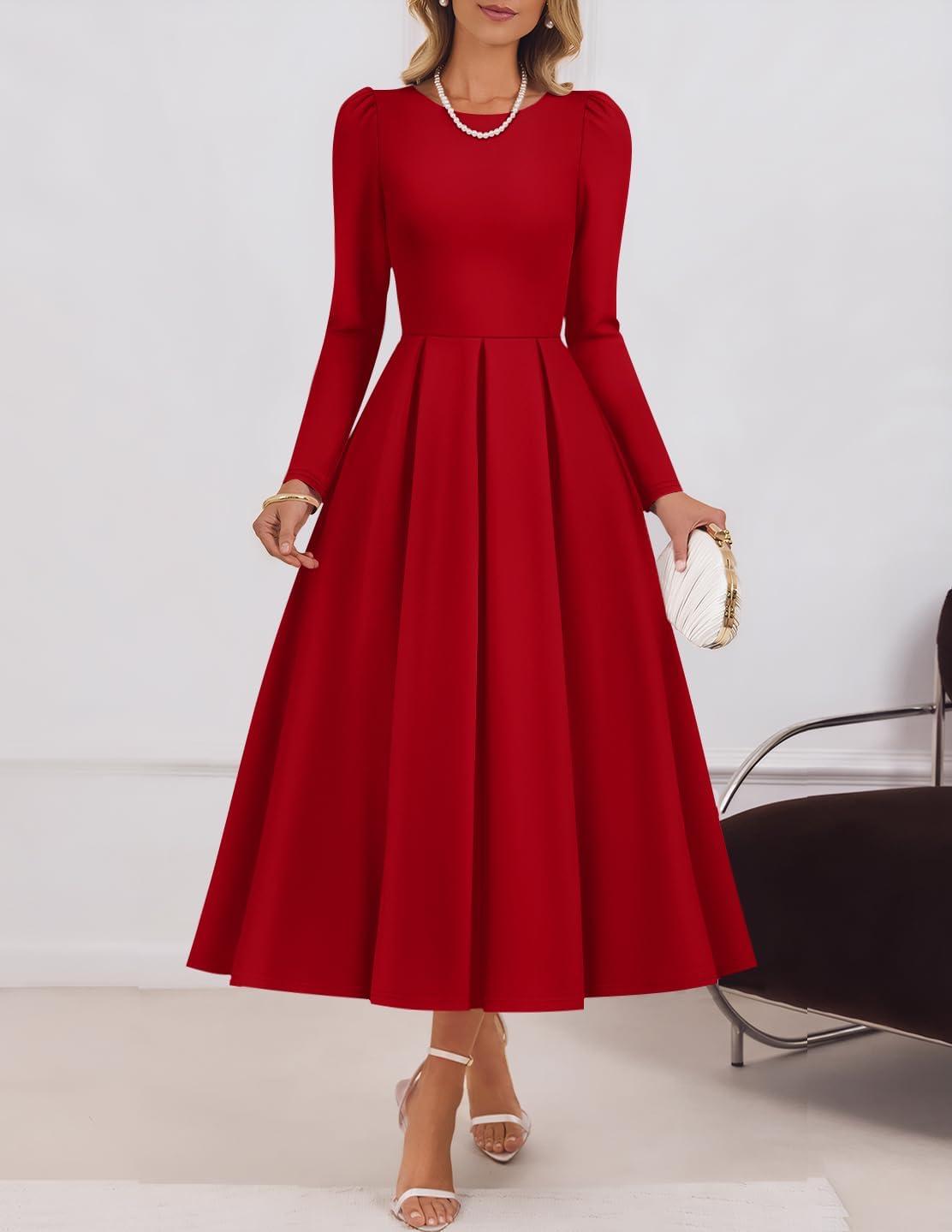 imageZESICA Womens Long Sleeve Midi Dresses 2026 Spring Elegant Crewneck Swing A Line Wedding Guest Party Dress with PocketsWine