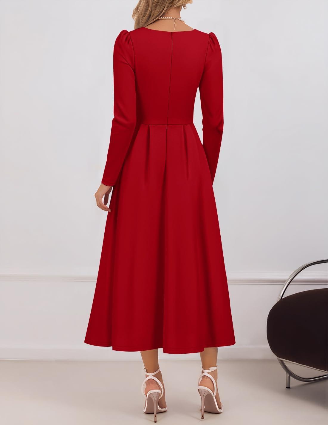imageZESICA Womens Long Sleeve Midi Dresses 2026 Spring Elegant Crewneck Swing A Line Wedding Guest Party Dress with PocketsWine