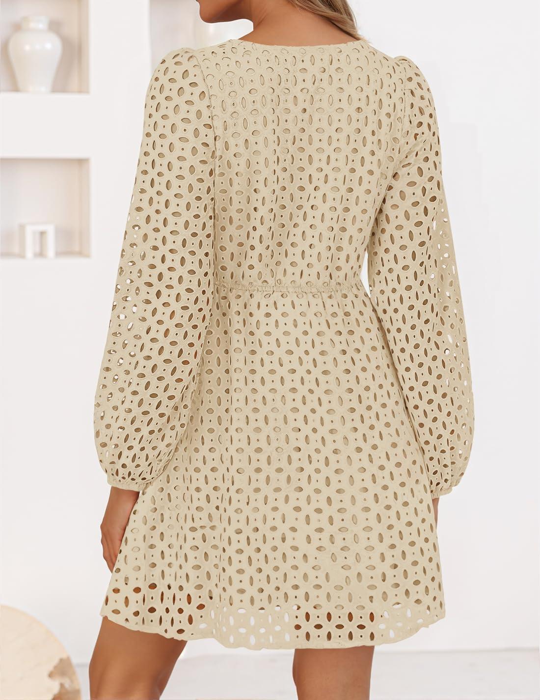 imageZESICA Womens Long Sleeve Mini Dress 2026 Fall Crewneck Tie Front Hollow Out Eyelet Babydoll A Line Short DressesApricot