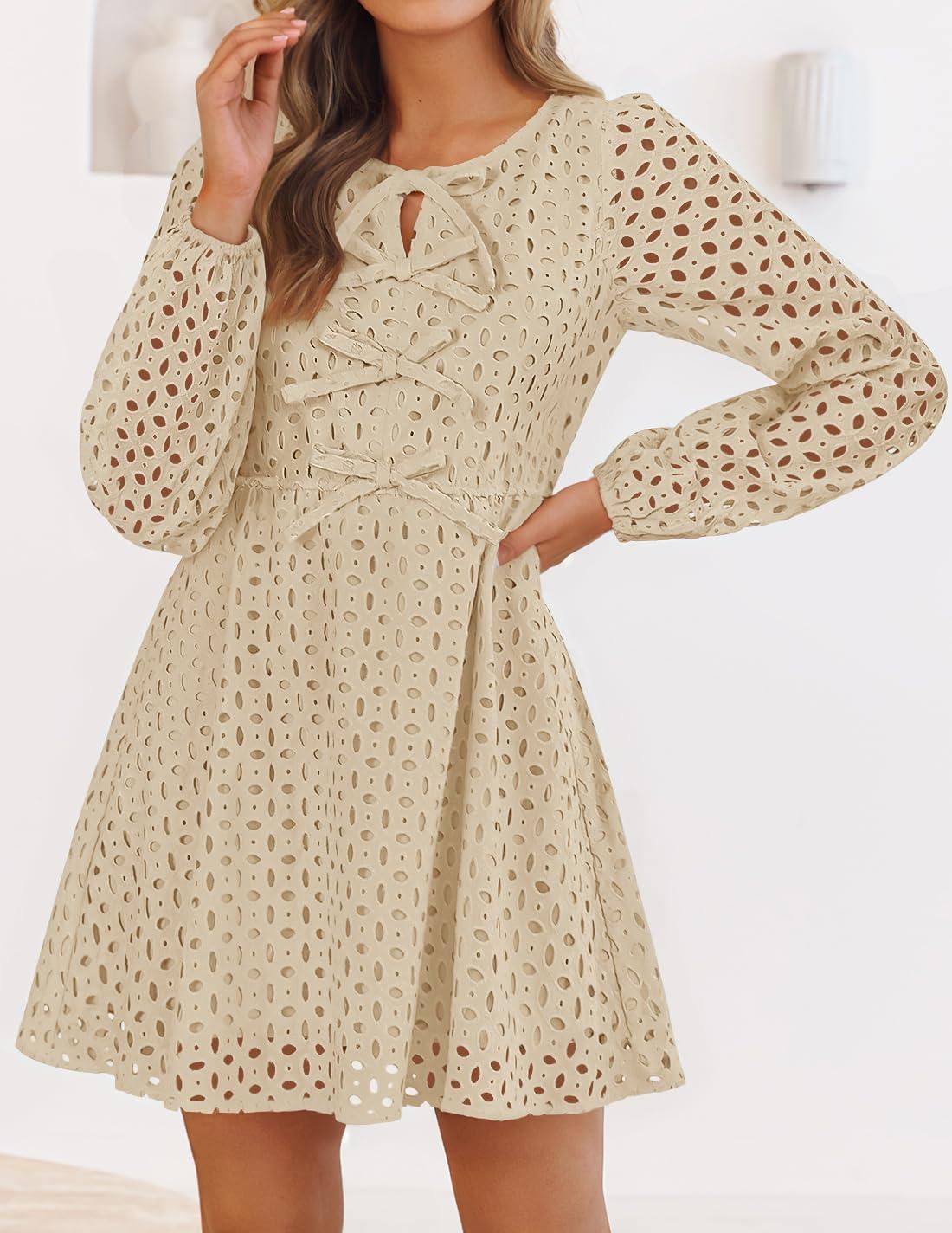 imageZESICA Womens Long Sleeve Mini Dress 2026 Fall Crewneck Tie Front Hollow Out Eyelet Babydoll A Line Short DressesApricot
