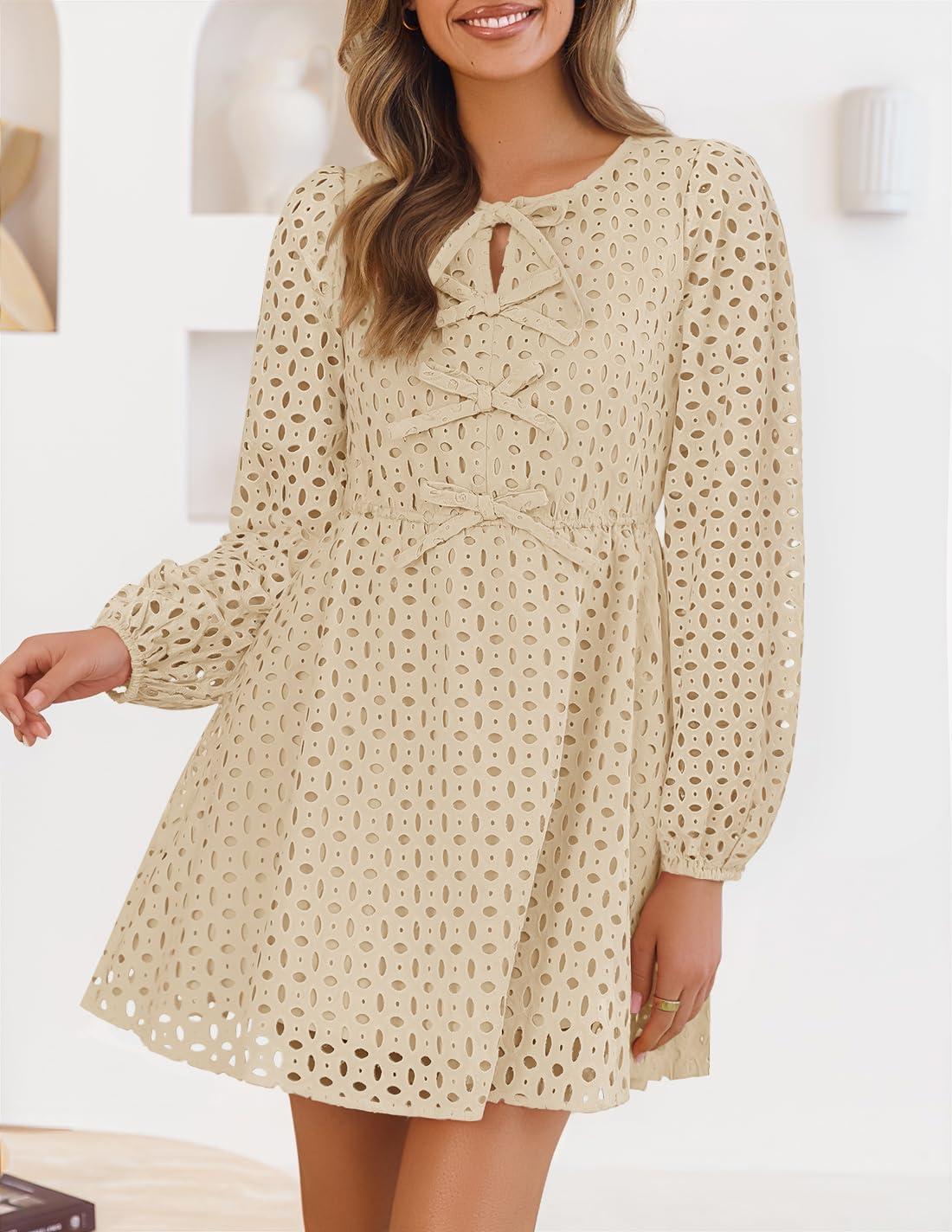 imageZESICA Womens Long Sleeve Mini Dress 2026 Fall Crewneck Tie Front Hollow Out Eyelet Babydoll A Line Short DressesApricot