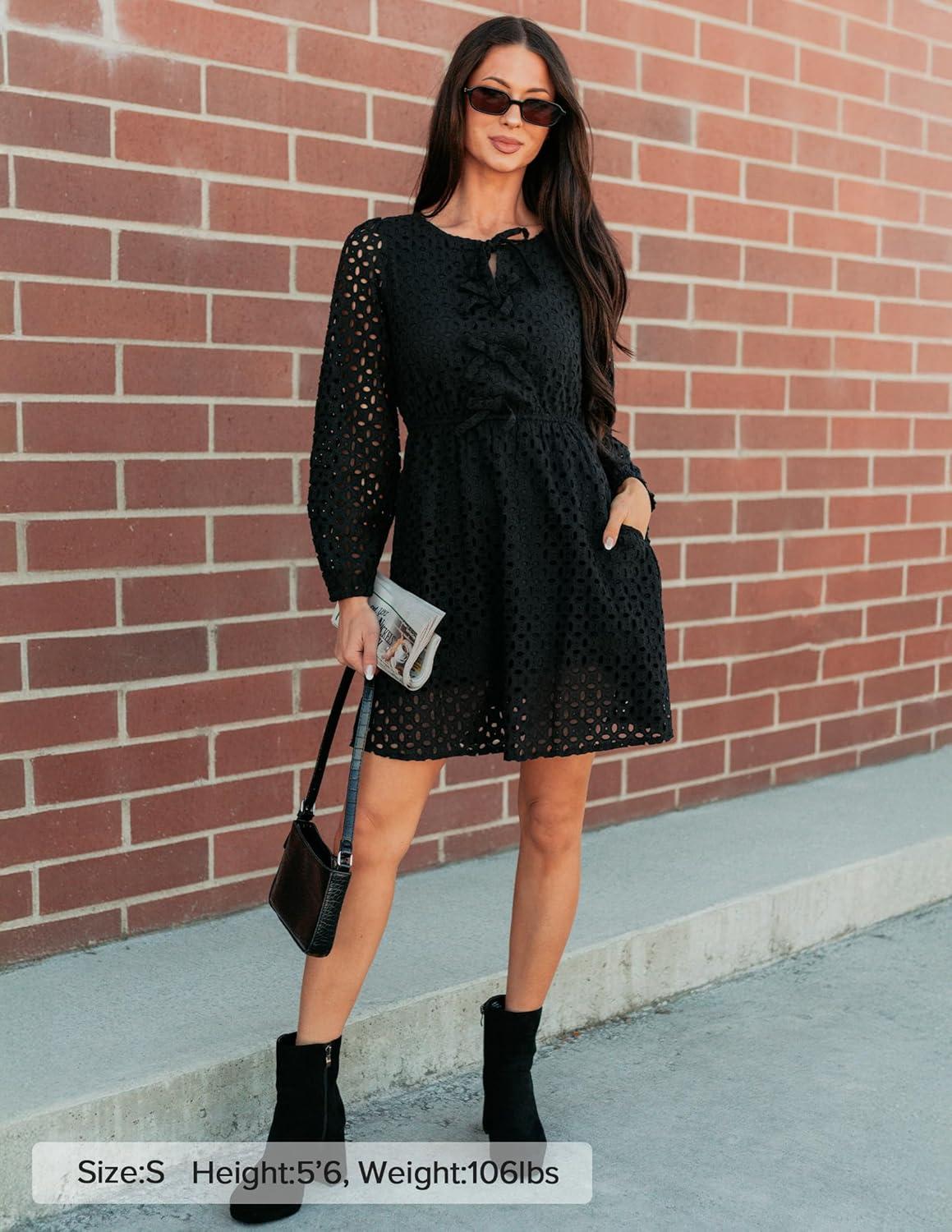 imageZESICA Womens Long Sleeve Mini Dress 2026 Fall Crewneck Tie Front Hollow Out Eyelet Babydoll A Line Short DressesBlack