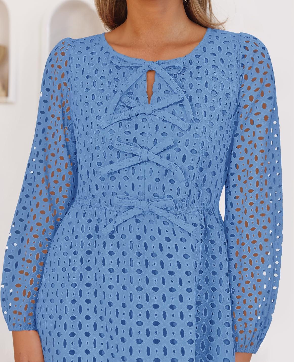 imageZESICA Womens Long Sleeve Mini Dress 2026 Fall Crewneck Tie Front Hollow Out Eyelet Babydoll A Line Short DressesBlue