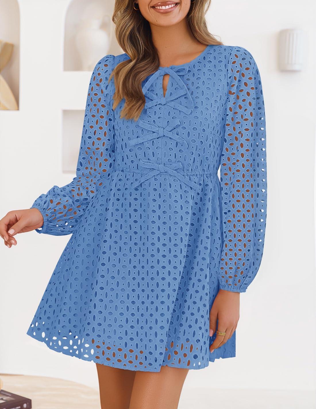 imageZESICA Womens Long Sleeve Mini Dress 2026 Fall Crewneck Tie Front Hollow Out Eyelet Babydoll A Line Short DressesBlue
