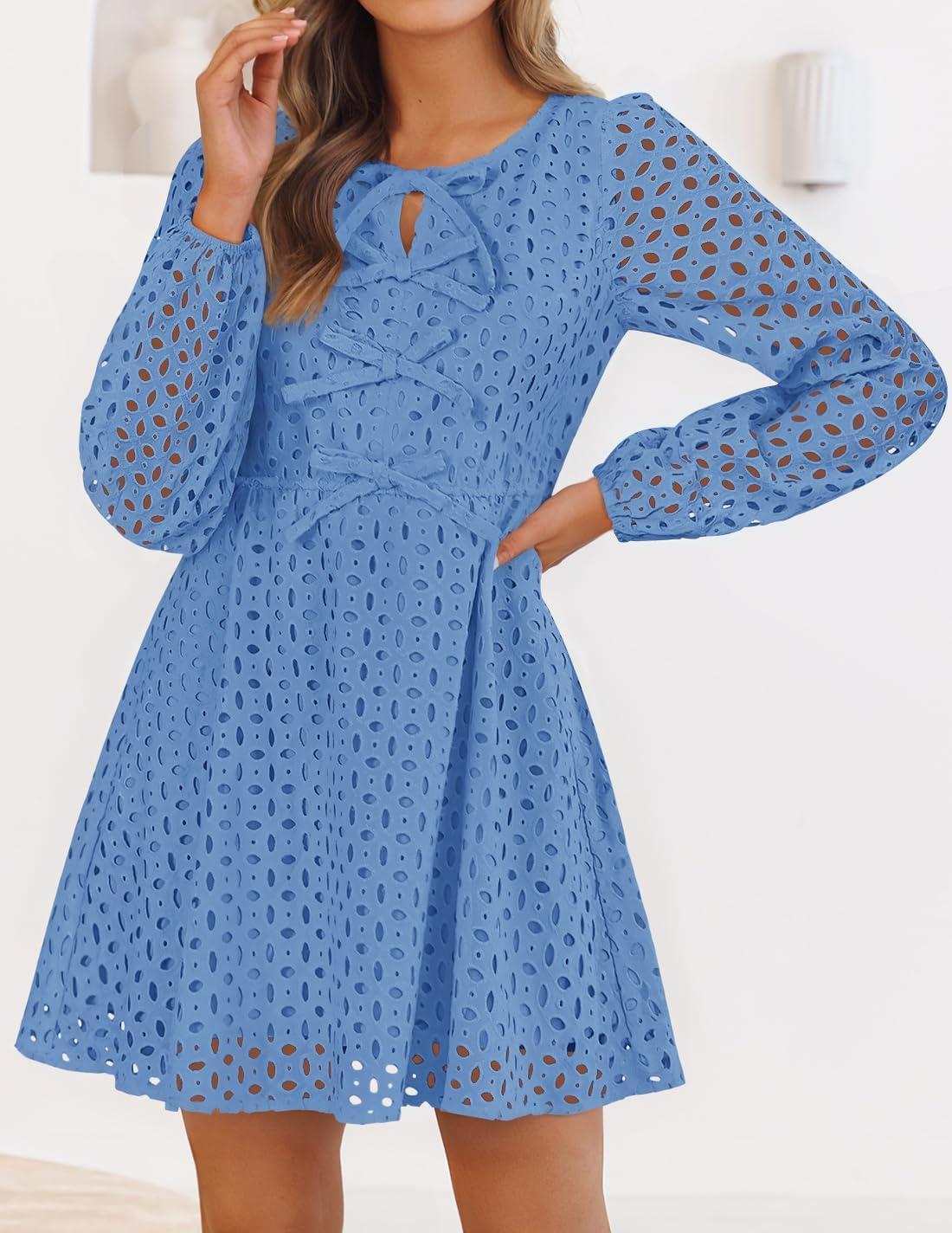 imageZESICA Womens Long Sleeve Mini Dress 2026 Fall Crewneck Tie Front Hollow Out Eyelet Babydoll A Line Short DressesBlue