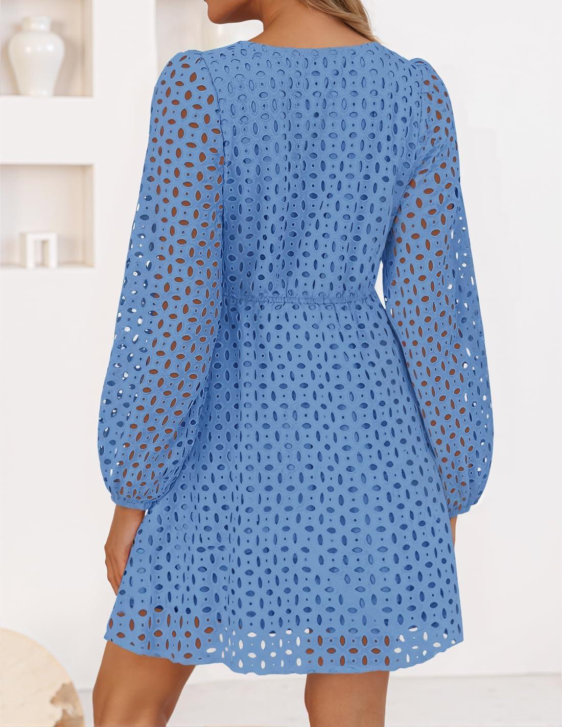 imageZESICA Womens Long Sleeve Mini Dress 2026 Fall Crewneck Tie Front Hollow Out Eyelet Babydoll A Line Short DressesBlue
