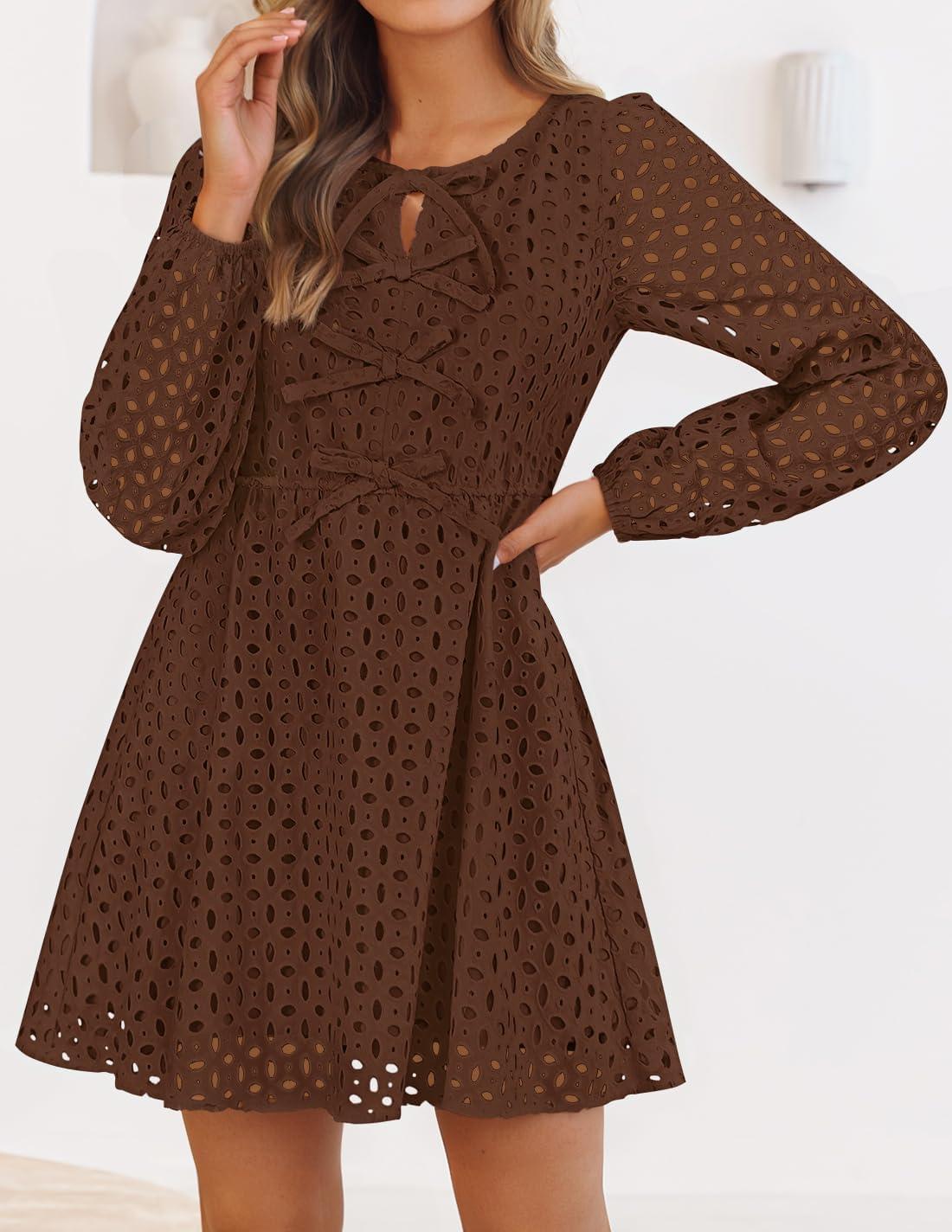 imageZESICA Womens Long Sleeve Mini Dress 2026 Fall Crewneck Tie Front Hollow Out Eyelet Babydoll A Line Short DressesBrown