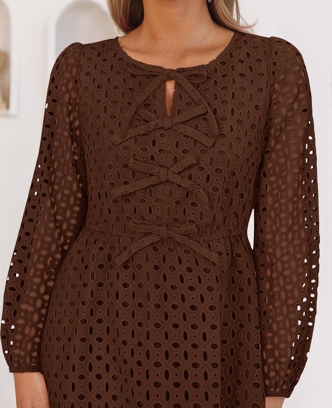 imageZESICA Womens Long Sleeve Mini Dress 2026 Fall Crewneck Tie Front Hollow Out Eyelet Babydoll A Line Short DressesBrown