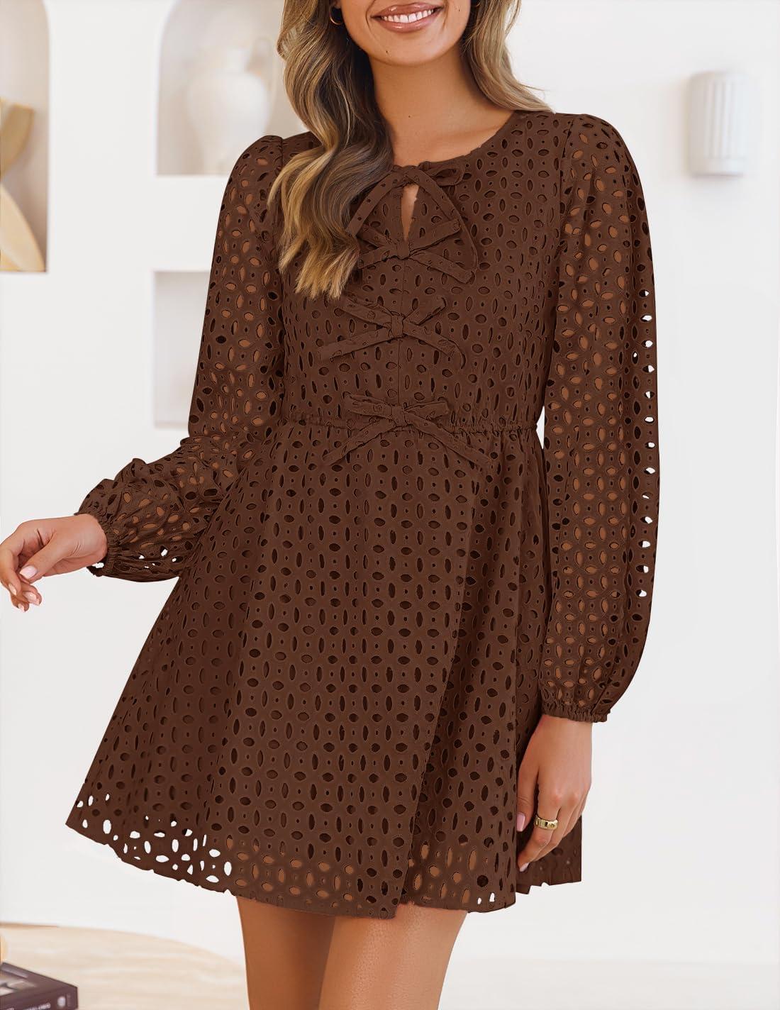 imageZESICA Womens Long Sleeve Mini Dress 2026 Fall Crewneck Tie Front Hollow Out Eyelet Babydoll A Line Short DressesBrown