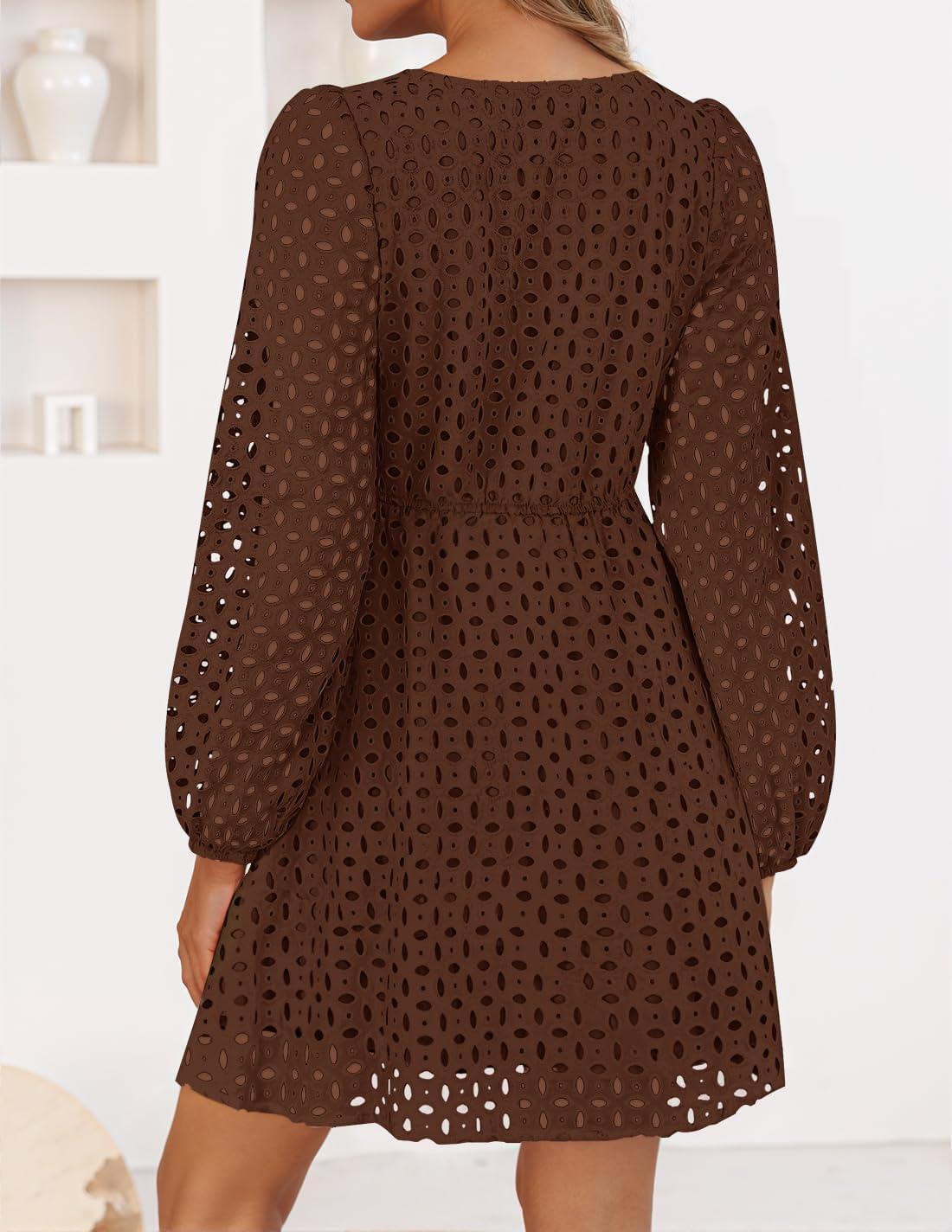 imageZESICA Womens Long Sleeve Mini Dress 2026 Fall Crewneck Tie Front Hollow Out Eyelet Babydoll A Line Short DressesBrown