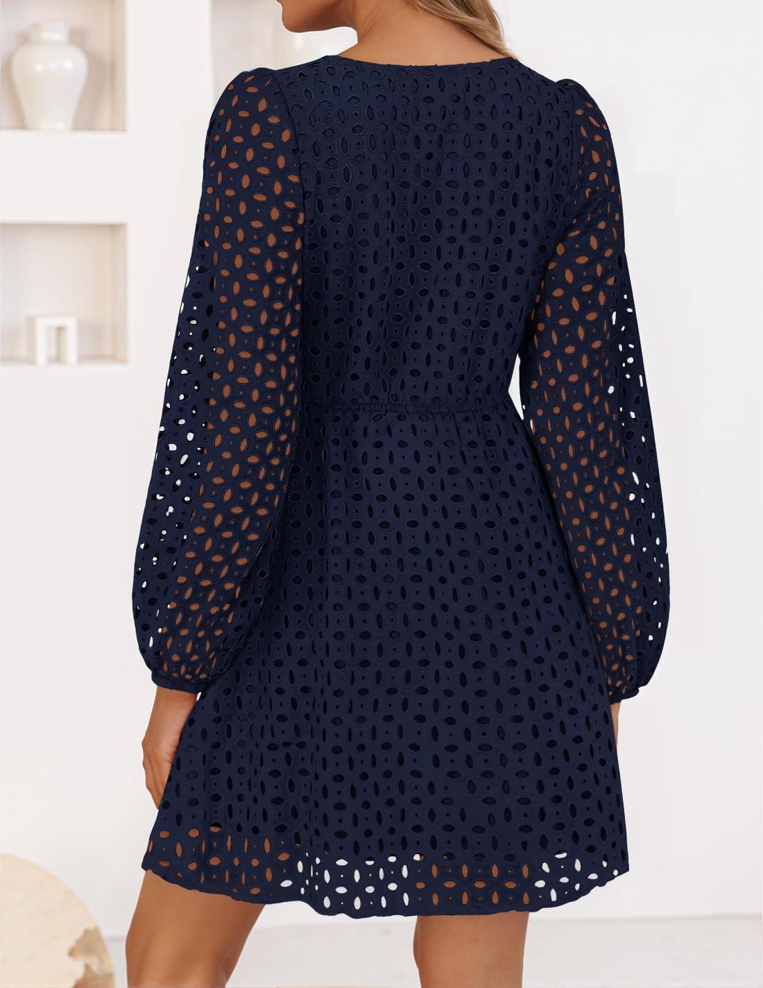 imageZESICA Womens Long Sleeve Mini Dress 2026 Fall Crewneck Tie Front Hollow Out Eyelet Babydoll A Line Short DressesNavy