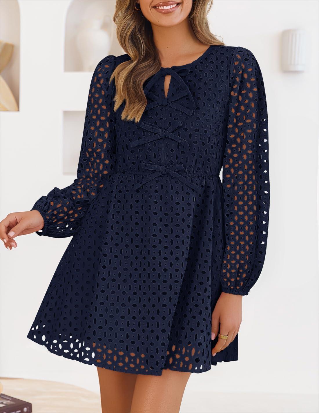 imageZESICA Womens Long Sleeve Mini Dress 2026 Fall Crewneck Tie Front Hollow Out Eyelet Babydoll A Line Short DressesNavy