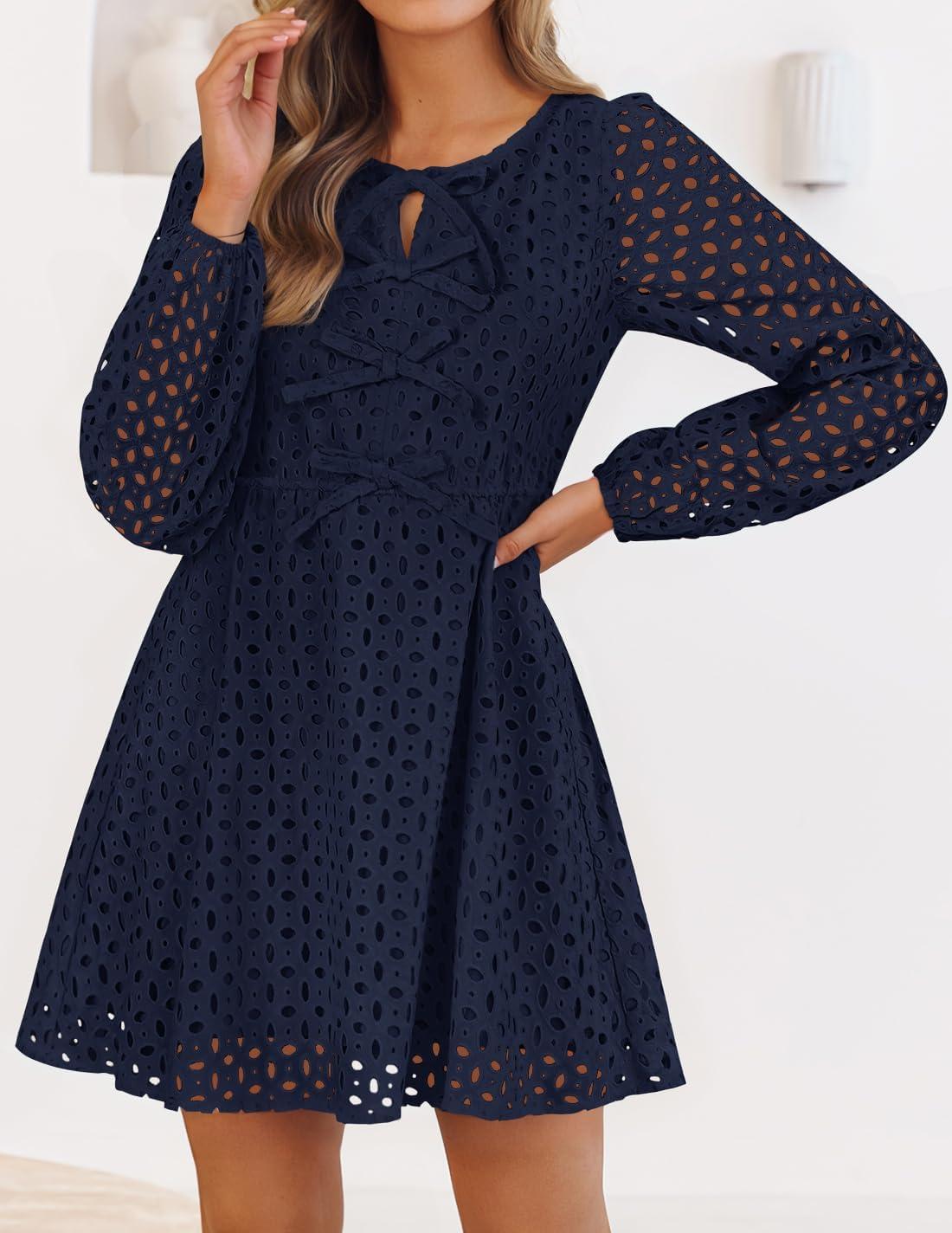 imageZESICA Womens Long Sleeve Mini Dress 2026 Fall Crewneck Tie Front Hollow Out Eyelet Babydoll A Line Short DressesNavy