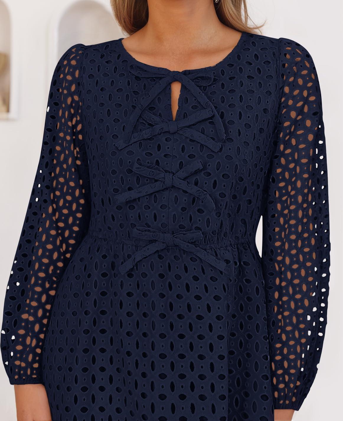 imageZESICA Womens Long Sleeve Mini Dress 2026 Fall Crewneck Tie Front Hollow Out Eyelet Babydoll A Line Short DressesNavy