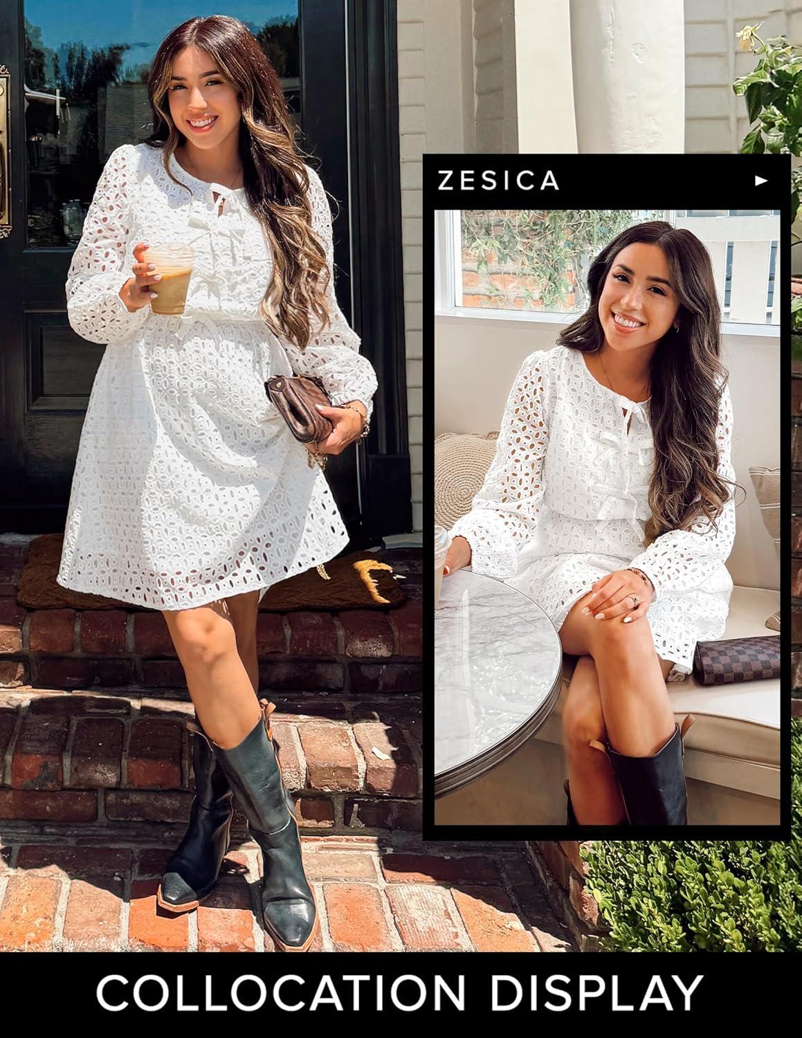 imageZESICA Womens Long Sleeve Mini Dress 2026 Fall Crewneck Tie Front Hollow Out Eyelet Babydoll A Line Short DressesWhite