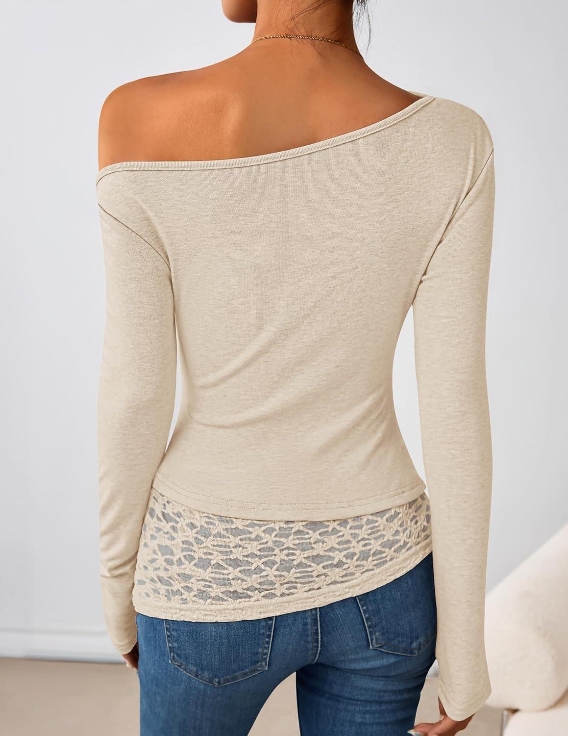 imageZESICA Womens Long Sleeve Off Shoulder Tops Fall 2026 Casual Boat Neck Lace Slim Fit Going Out Y2k Shirts BlousesApricot