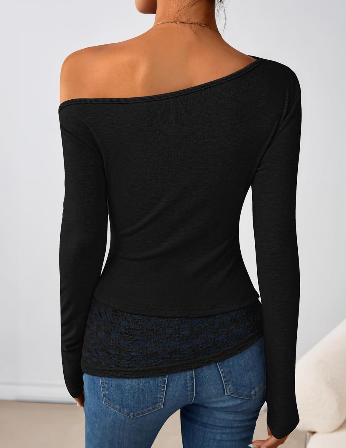imageZESICA Womens Long Sleeve Off Shoulder Tops Fall 2026 Casual Boat Neck Lace Slim Fit Going Out Y2k Shirts BlousesBlack