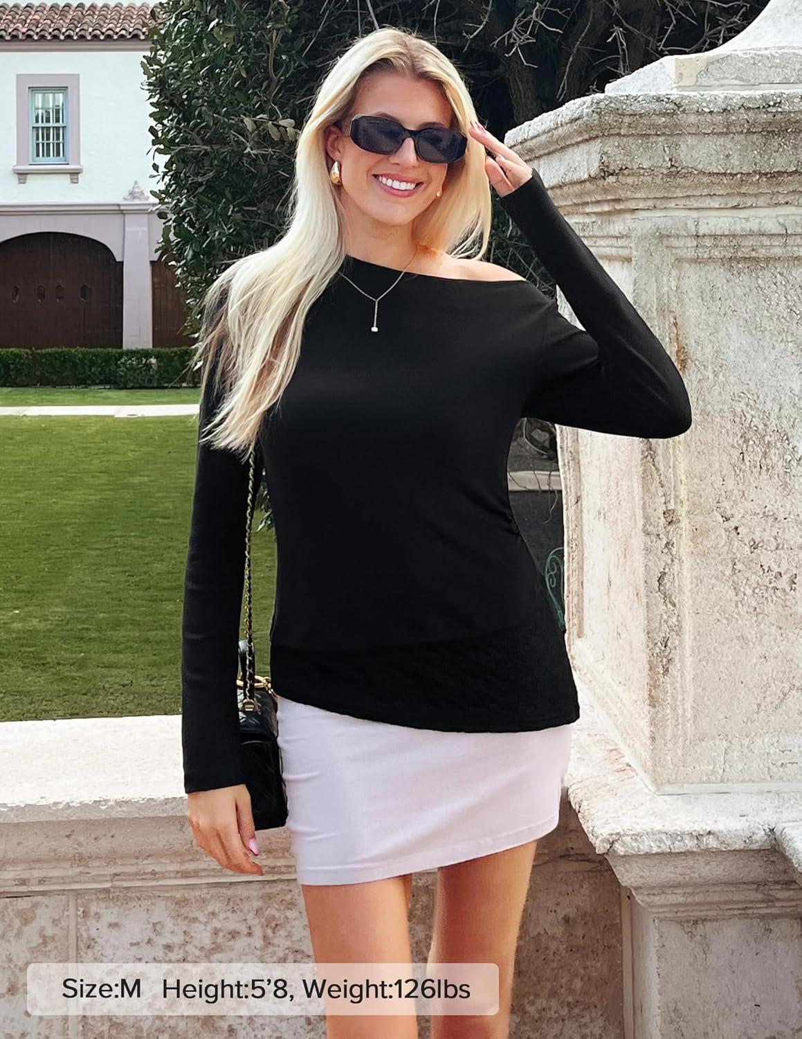 imageZESICA Womens Long Sleeve Off Shoulder Tops Fall 2026 Casual Boat Neck Lace Slim Fit Going Out Y2k Shirts BlousesBlack
