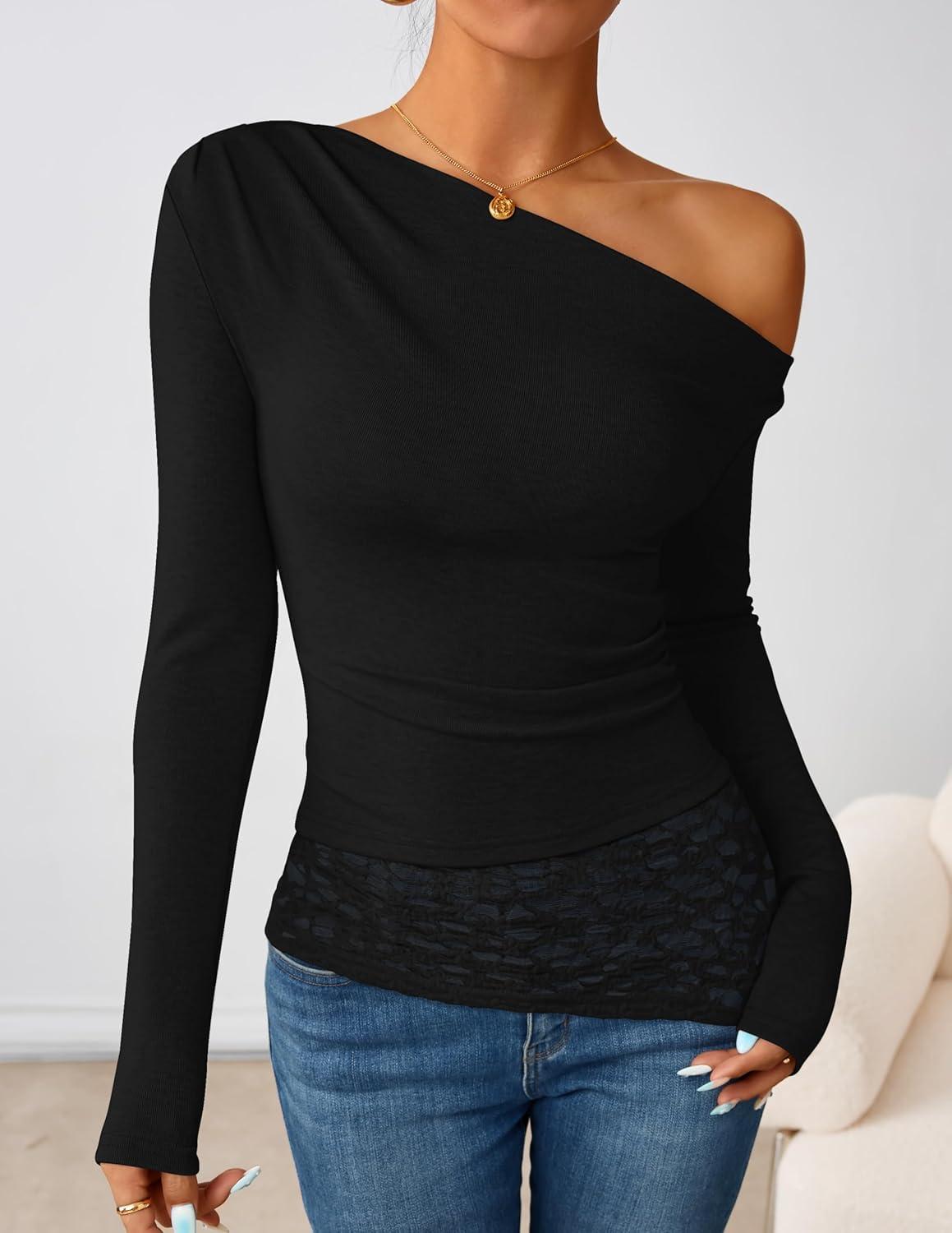imageZESICA Womens Long Sleeve Off Shoulder Tops Fall 2026 Casual Boat Neck Lace Slim Fit Going Out Y2k Shirts BlousesBlack