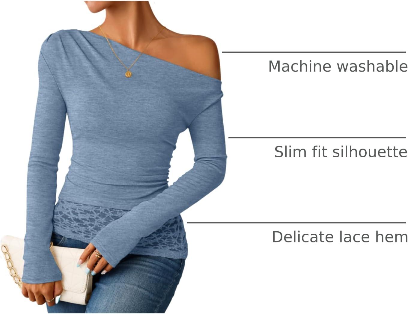 imageZESICA Womens Long Sleeve Off Shoulder Tops Fall 2026 Casual Boat Neck Lace Slim Fit Going Out Y2k Shirts BlousesBlue