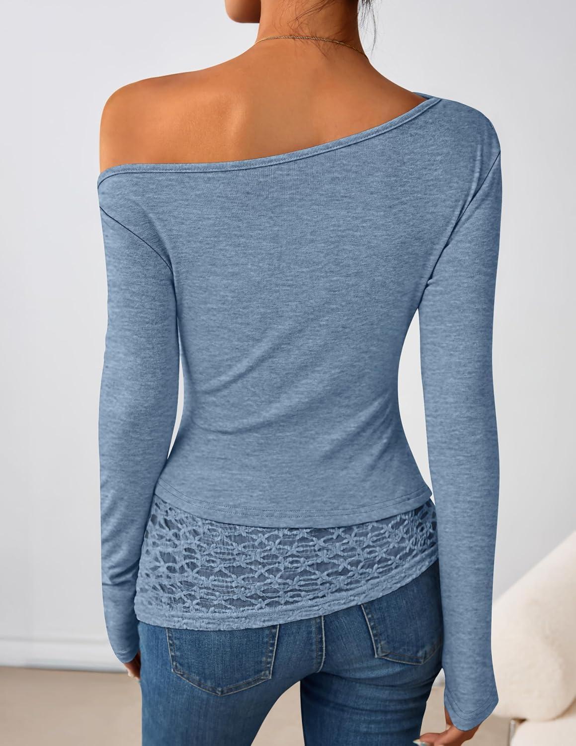 imageZESICA Womens Long Sleeve Off Shoulder Tops Fall 2026 Casual Boat Neck Lace Slim Fit Going Out Y2k Shirts BlousesBlue