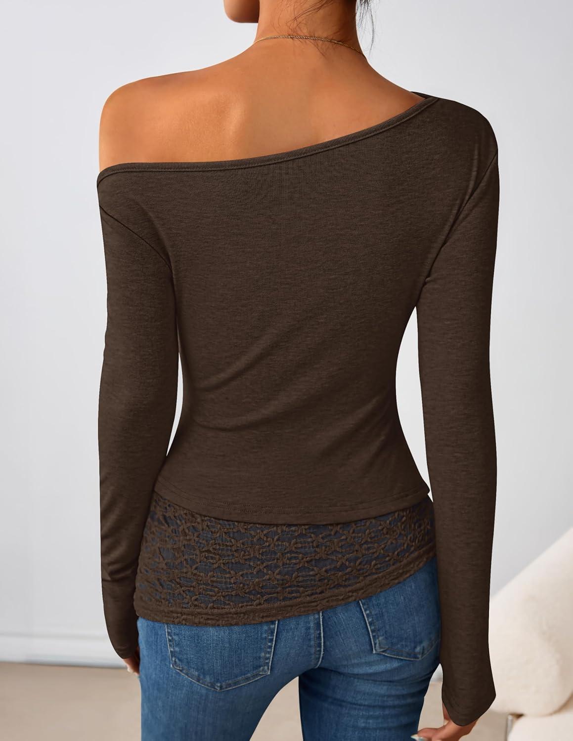 imageZESICA Womens Long Sleeve Off Shoulder Tops Fall 2026 Casual Boat Neck Lace Slim Fit Going Out Y2k Shirts BlousesCoffee