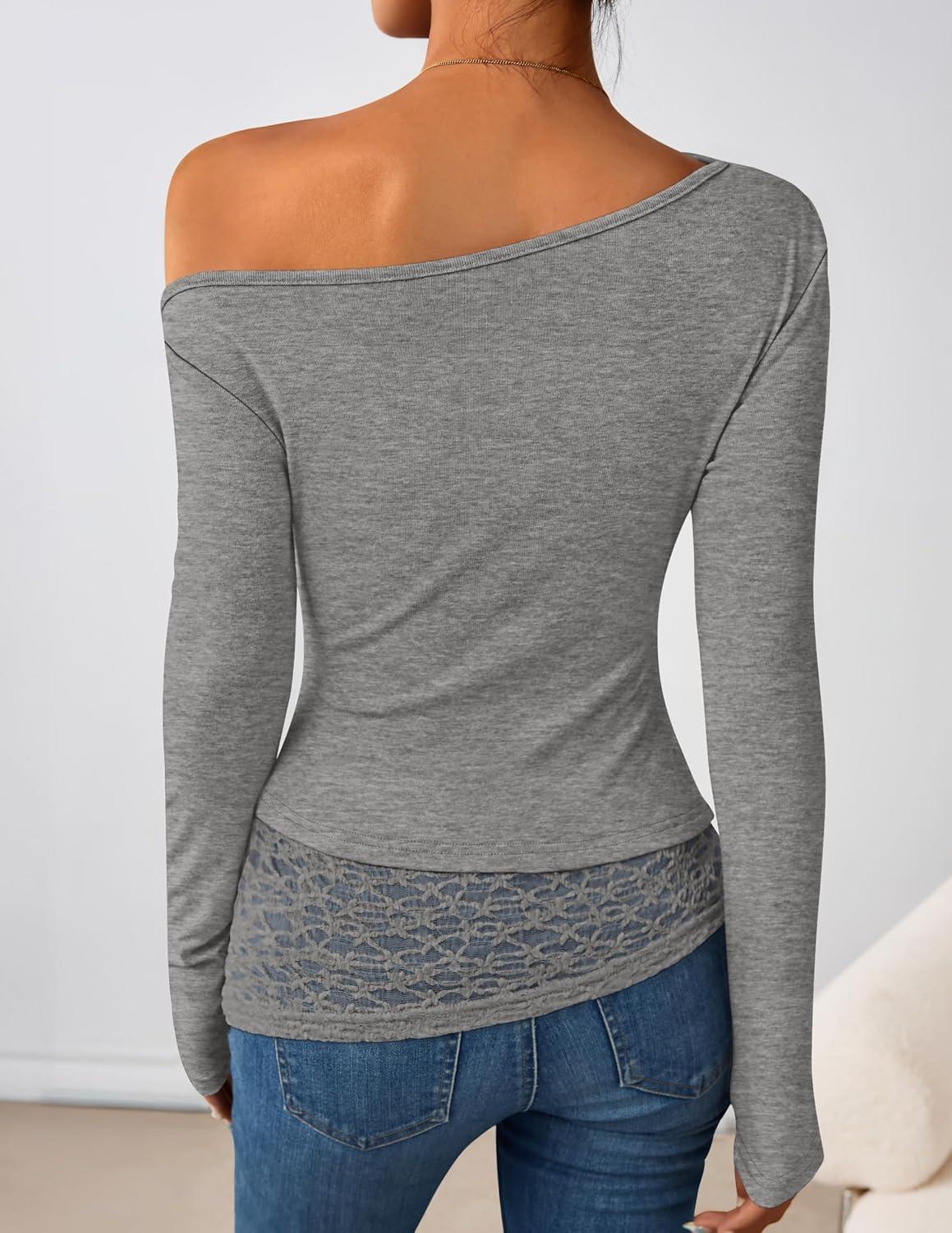 imageZESICA Womens Long Sleeve Off Shoulder Tops Fall 2026 Casual Boat Neck Lace Slim Fit Going Out Y2k Shirts BlousesGrey