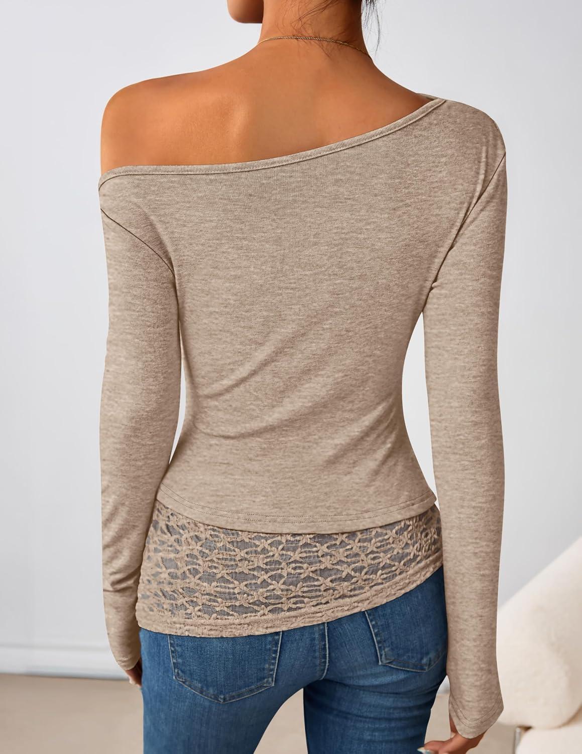 imageZESICA Womens Long Sleeve Off Shoulder Tops Fall 2026 Casual Boat Neck Lace Slim Fit Going Out Y2k Shirts BlousesLight Khaki