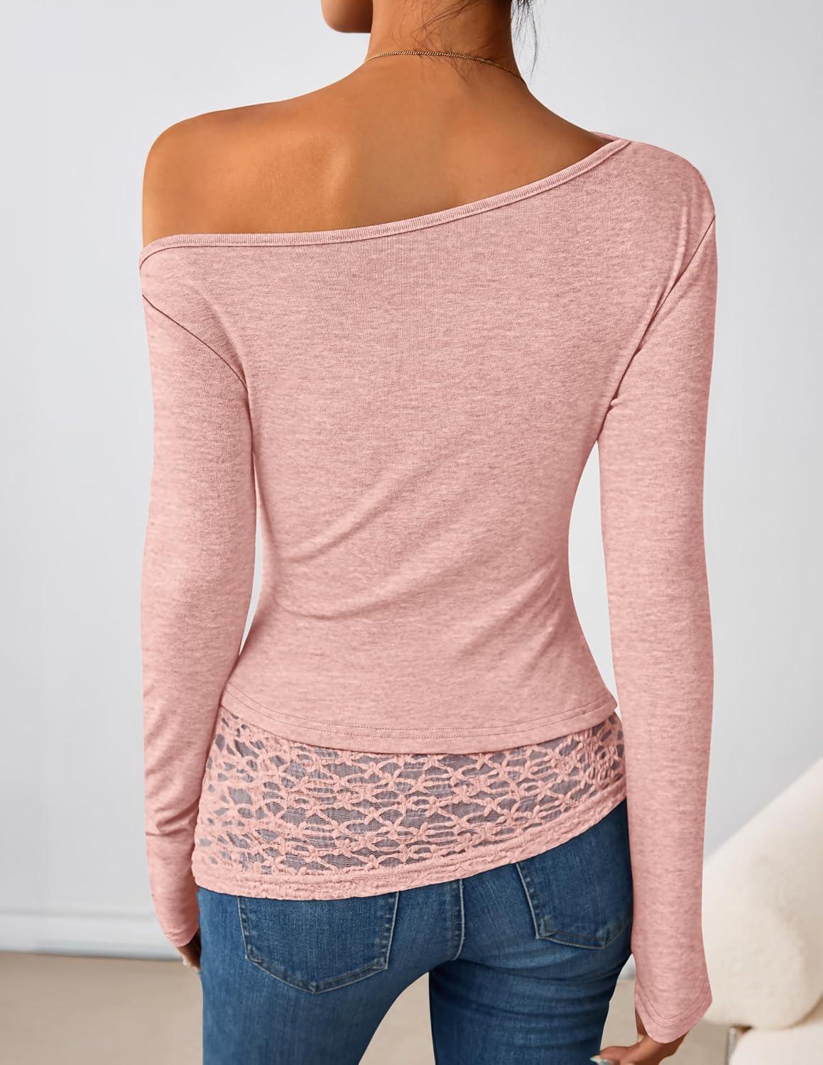 imageZESICA Womens Long Sleeve Off Shoulder Tops Fall 2026 Casual Boat Neck Lace Slim Fit Going Out Y2k Shirts BlousesPink