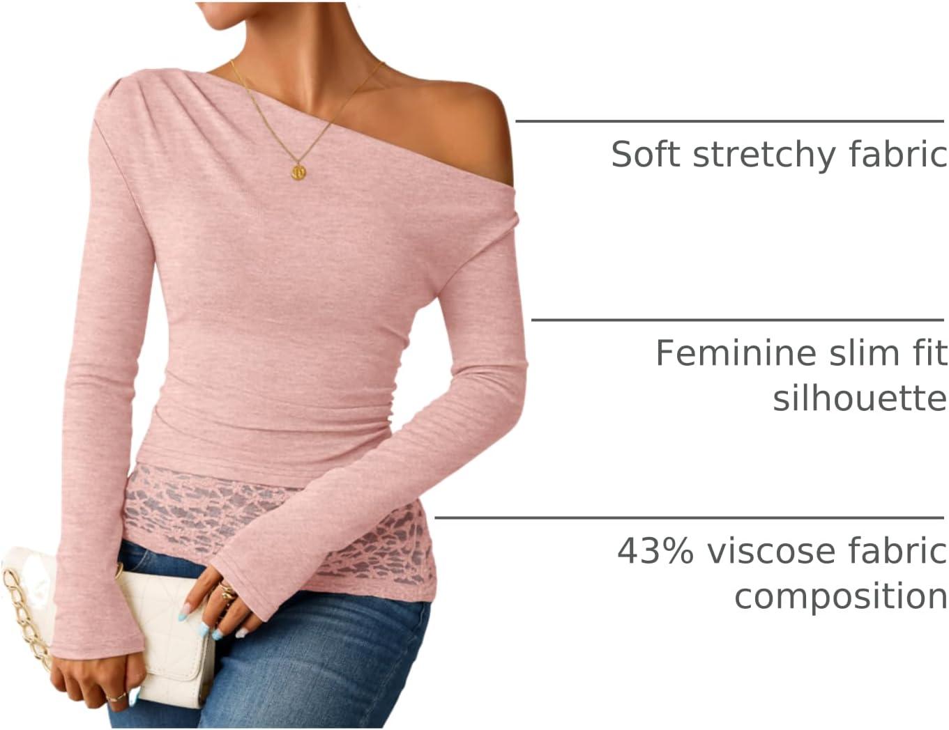 imageZESICA Womens Long Sleeve Off Shoulder Tops Fall 2026 Casual Boat Neck Lace Slim Fit Going Out Y2k Shirts BlousesPink