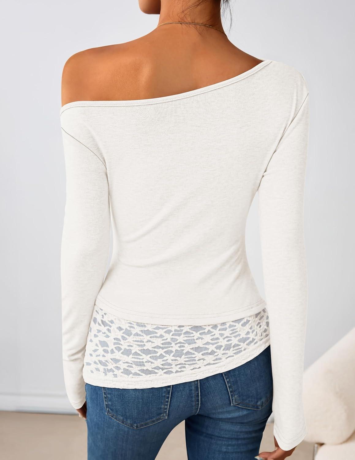 imageZESICA Womens Long Sleeve Off Shoulder Tops Fall 2026 Casual Boat Neck Lace Slim Fit Going Out Y2k Shirts BlousesWhite