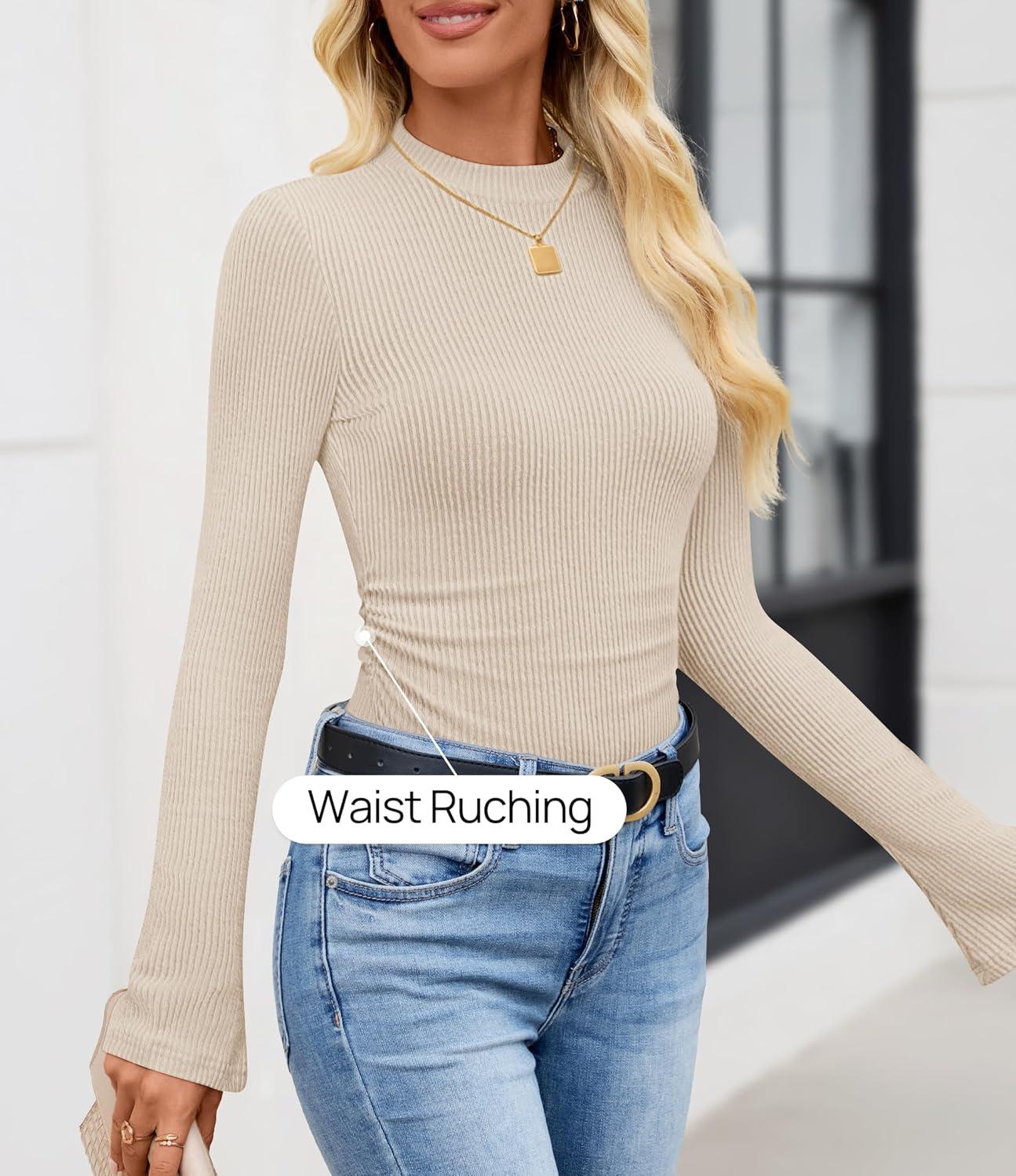 imageZESICA Womens Long Sleeve Shirts 2026 Spring Mock Neck Ribbed Slim Fit Tops Basic Tees Dressy Casual Outfits ClothesApricot