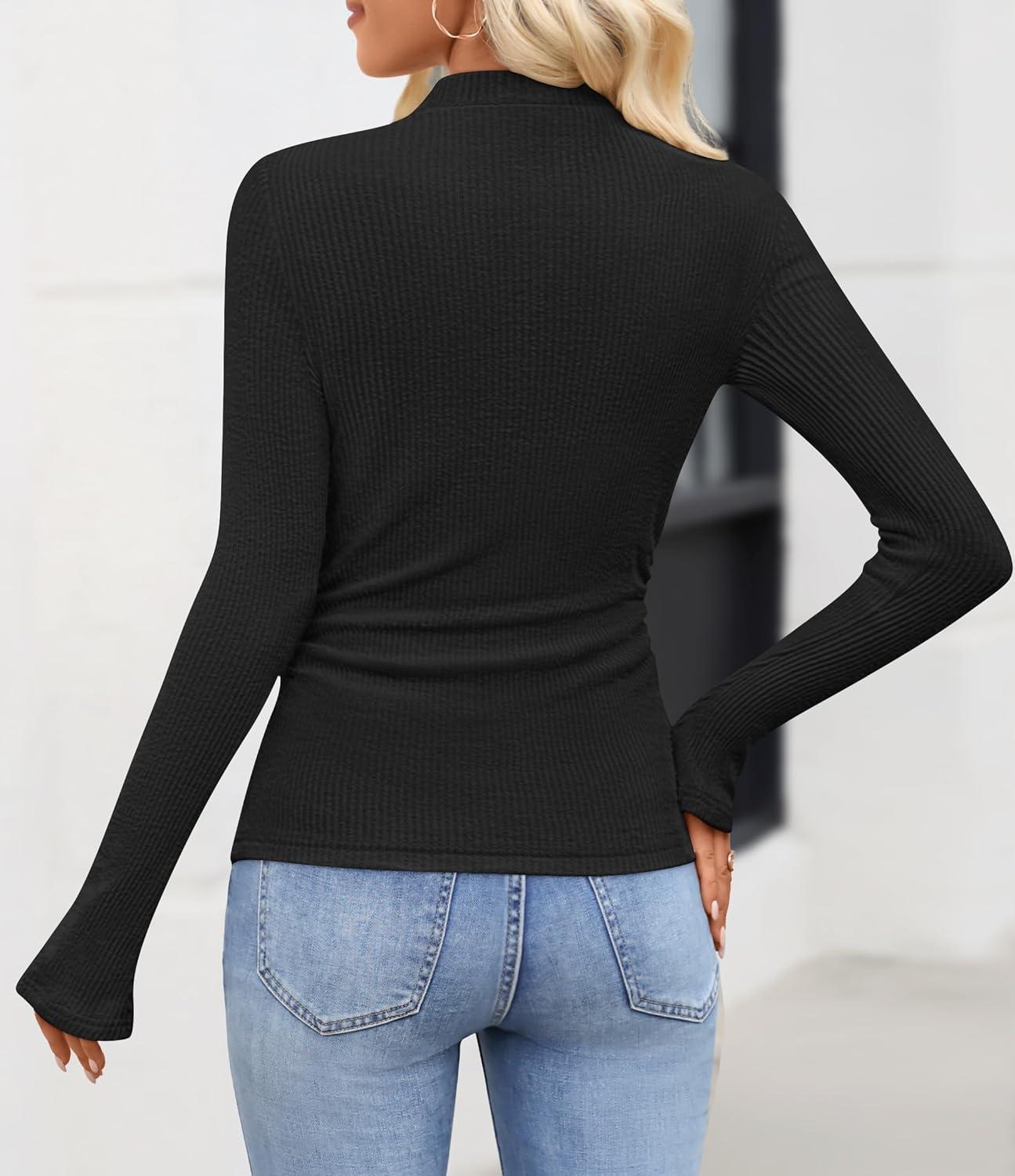 imageZESICA Womens Long Sleeve Shirts 2026 Spring Mock Neck Ribbed Slim Fit Tops Basic Tees Dressy Casual Outfits ClothesBlack
