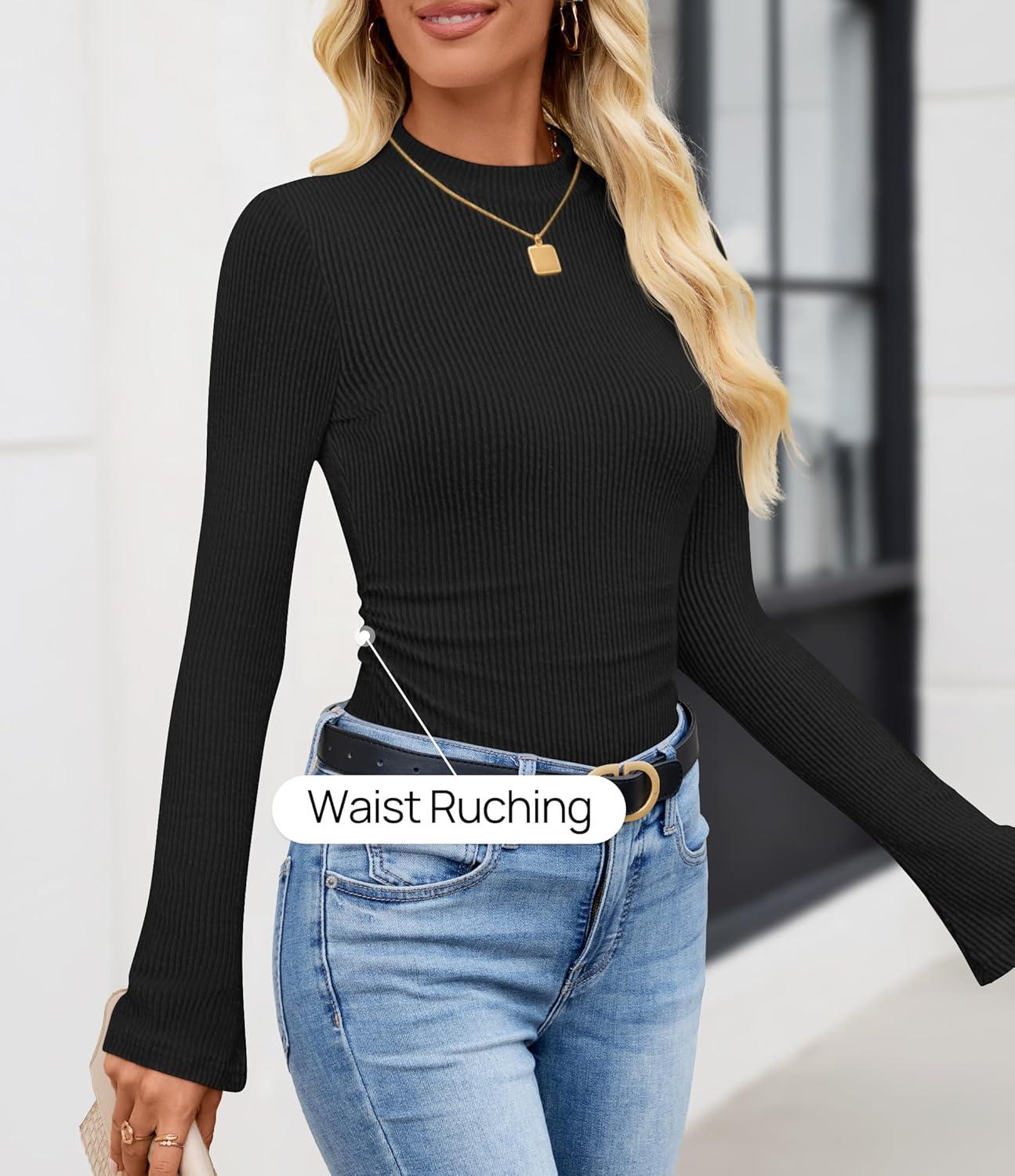 imageZESICA Womens Long Sleeve Shirts 2026 Spring Mock Neck Ribbed Slim Fit Tops Basic Tees Dressy Casual Outfits ClothesBlack