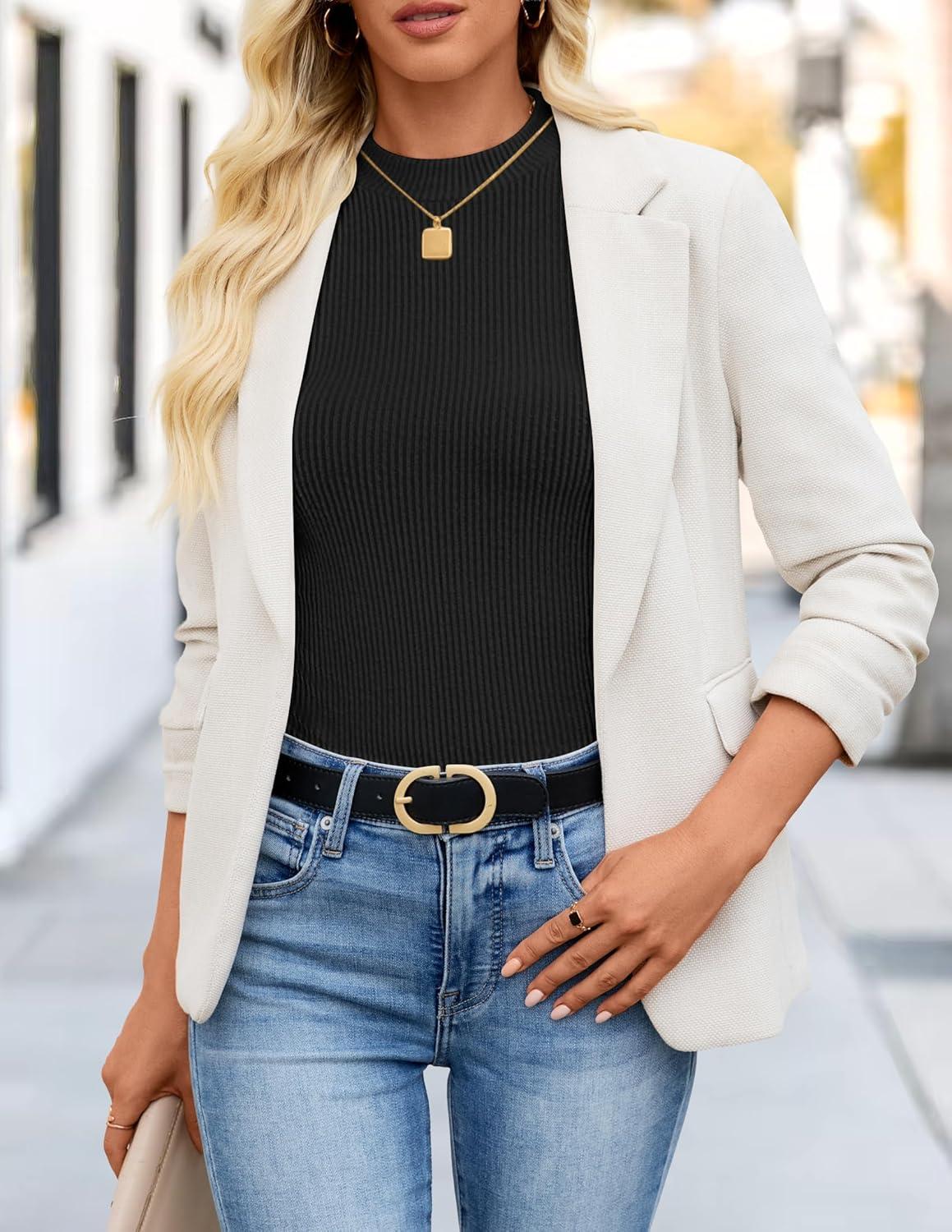 imageZESICA Womens Long Sleeve Shirts 2026 Spring Mock Neck Ribbed Slim Fit Tops Basic Tees Dressy Casual Outfits ClothesBlack
